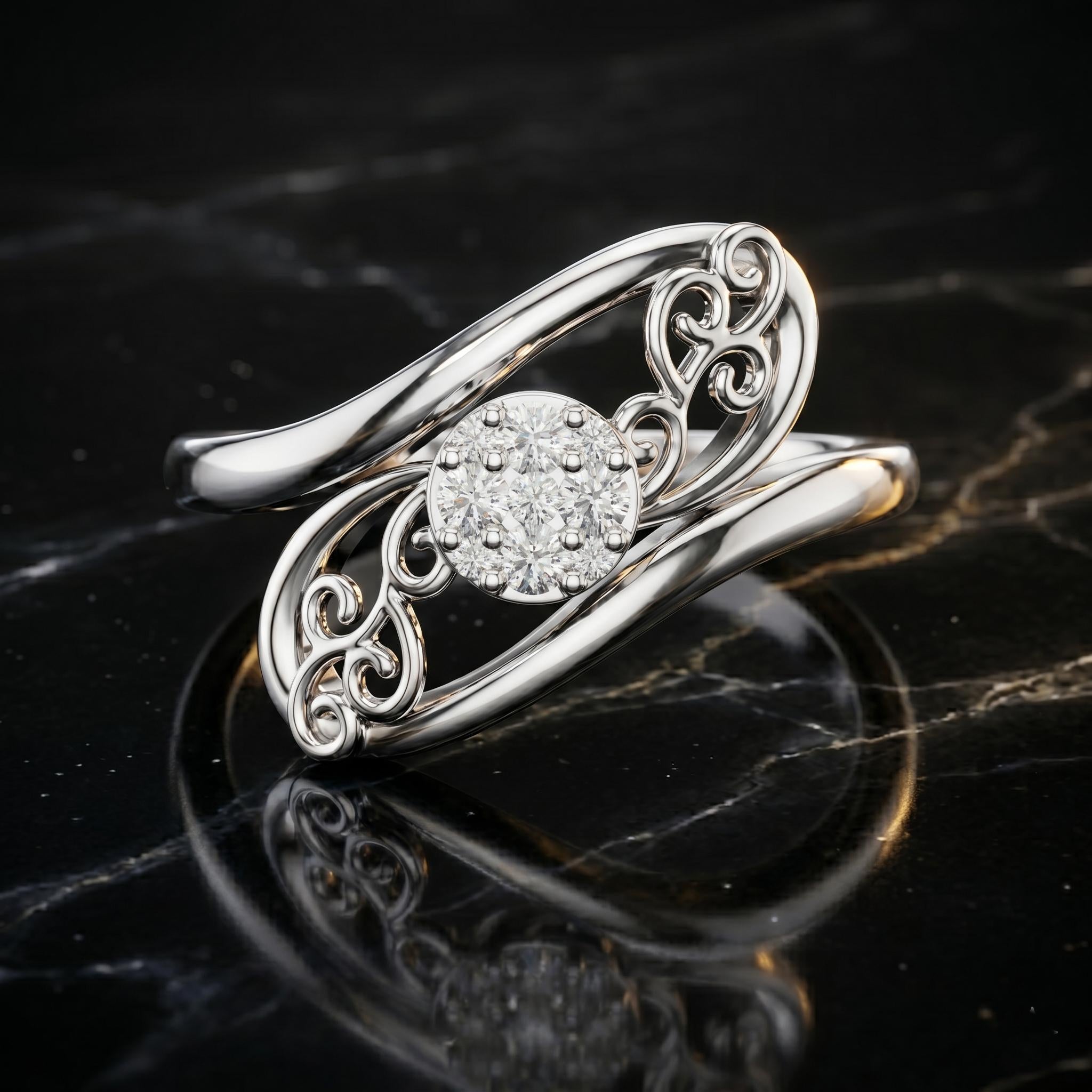 14K Solid Gold Moissanite Filigree Swirl Cluster Ring, Nature Inspired Jewelry