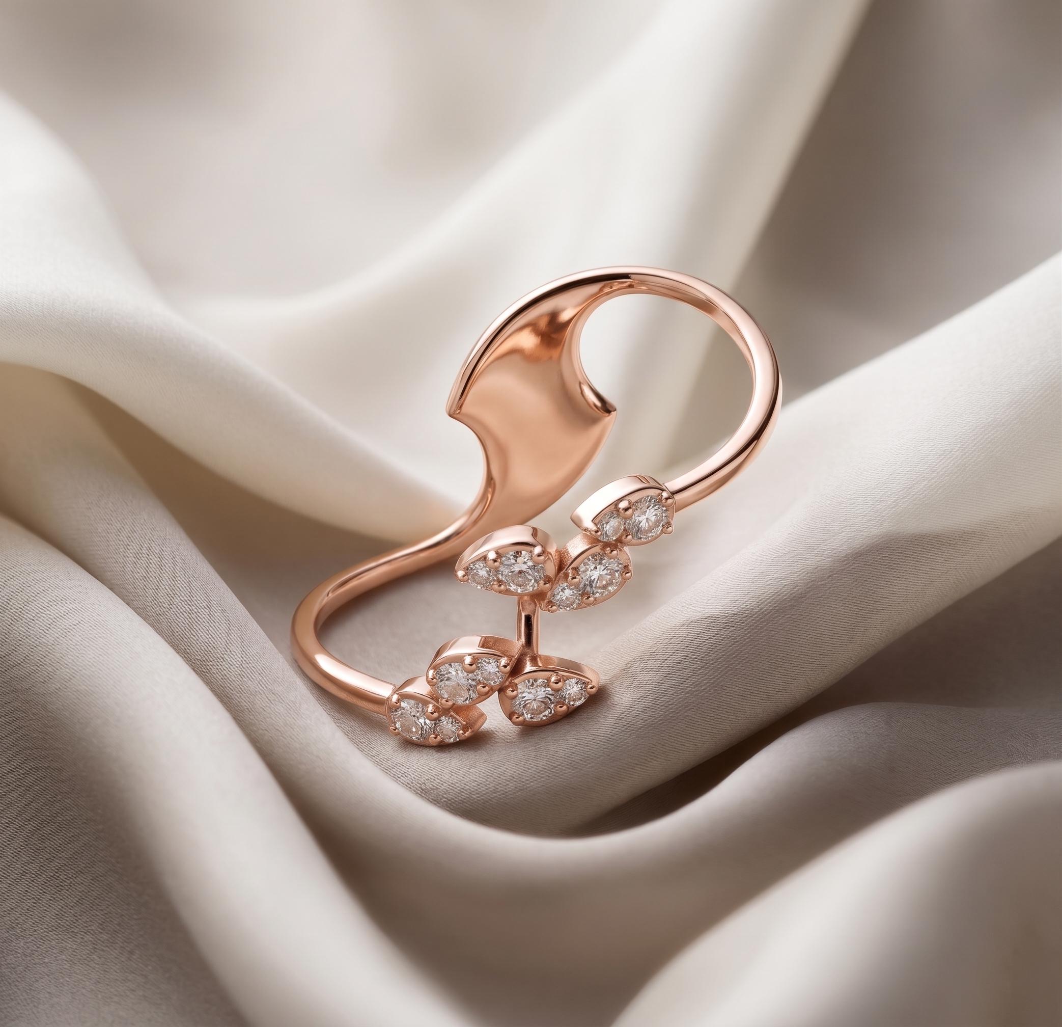 14K Solid Gold Twig Moissanite Ring, Leaf Cluster Statement Nature Inspired Vine Ring