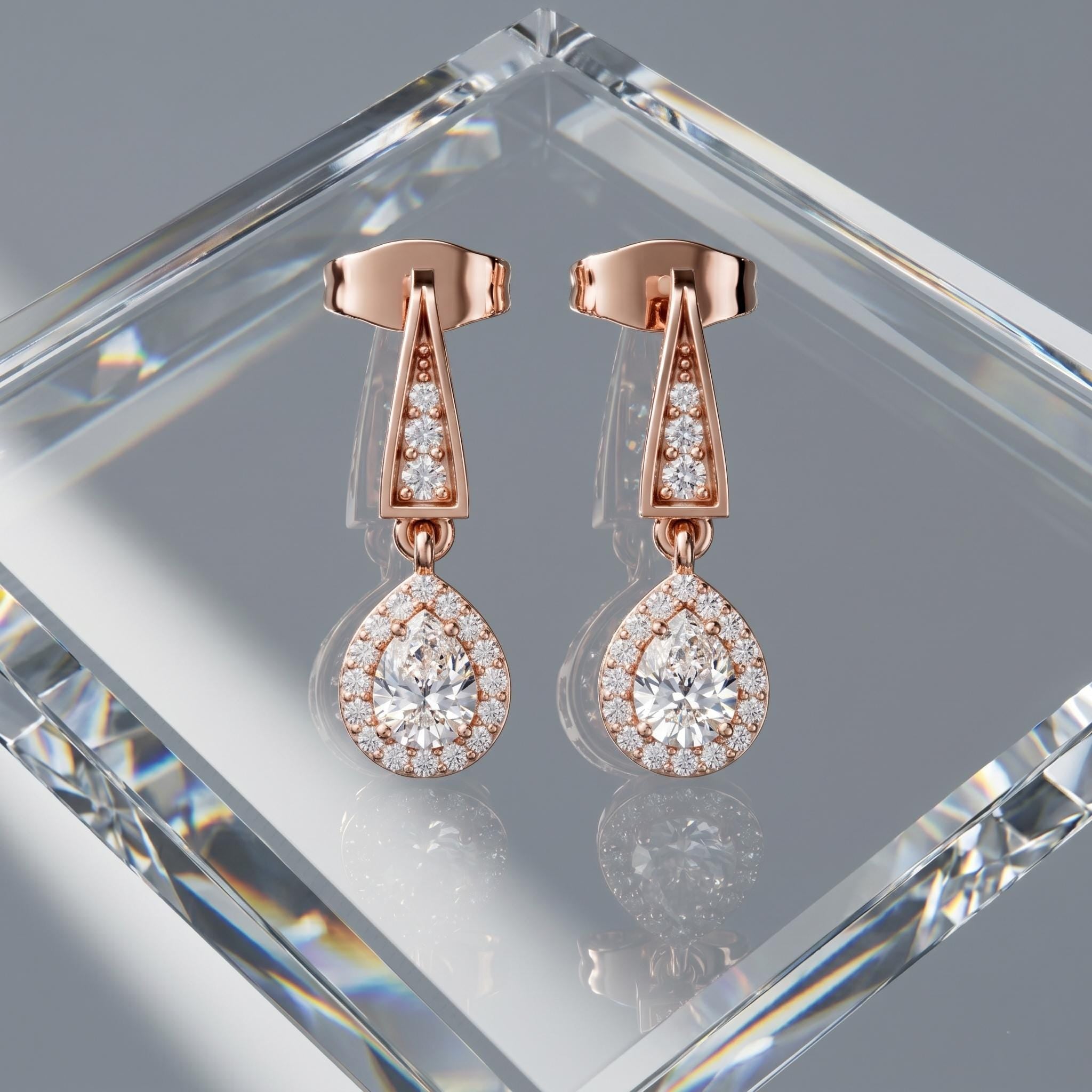 Tear Drop Moissanite Bridal Earrings, Art Deco Geometric Dangle Halo Wedding