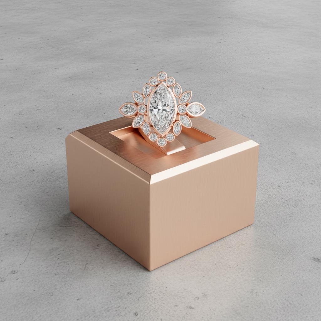 Marquise Cut Moissanite Halo Ring, Rose Gold Over Silver, Art Deco Cluster Promise Ring