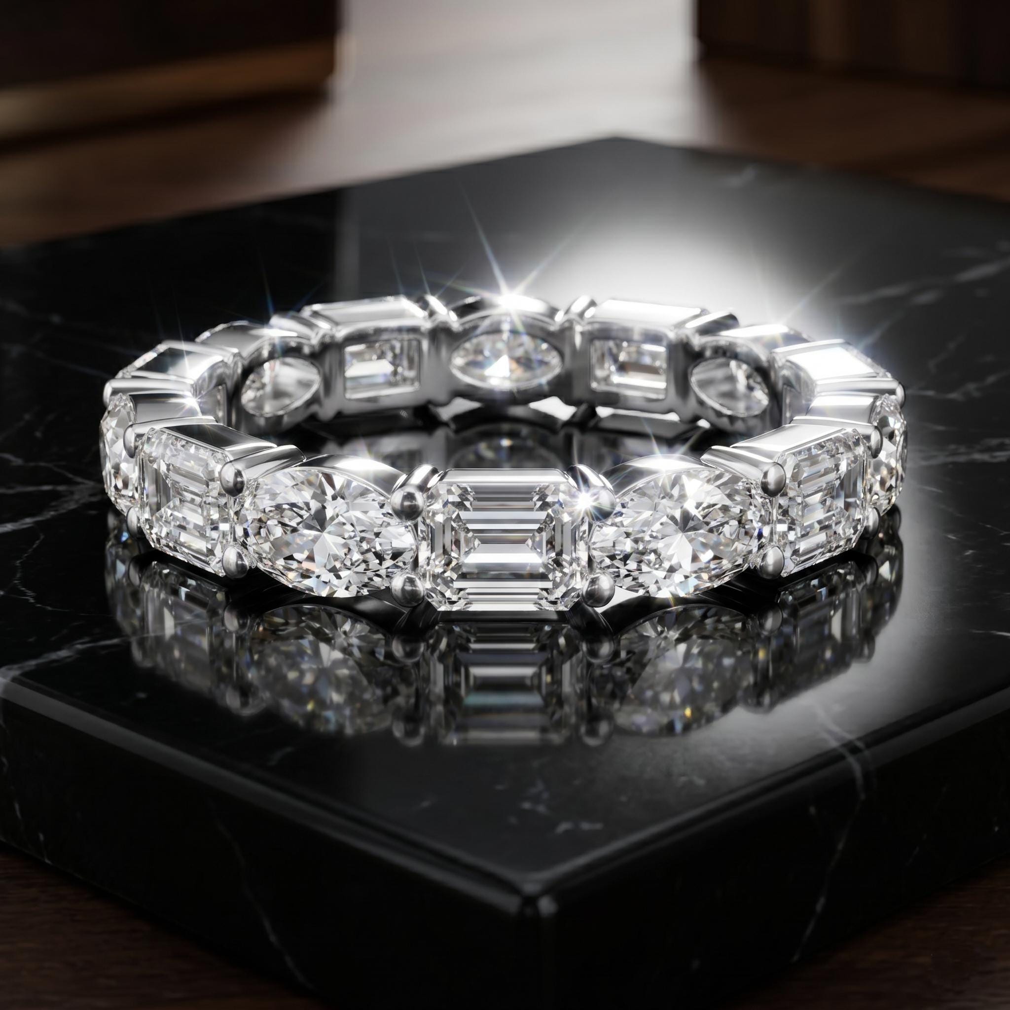 Multi-Shape Moissanite Eternity Band, Sterling Silver Wedding Stacking Ring