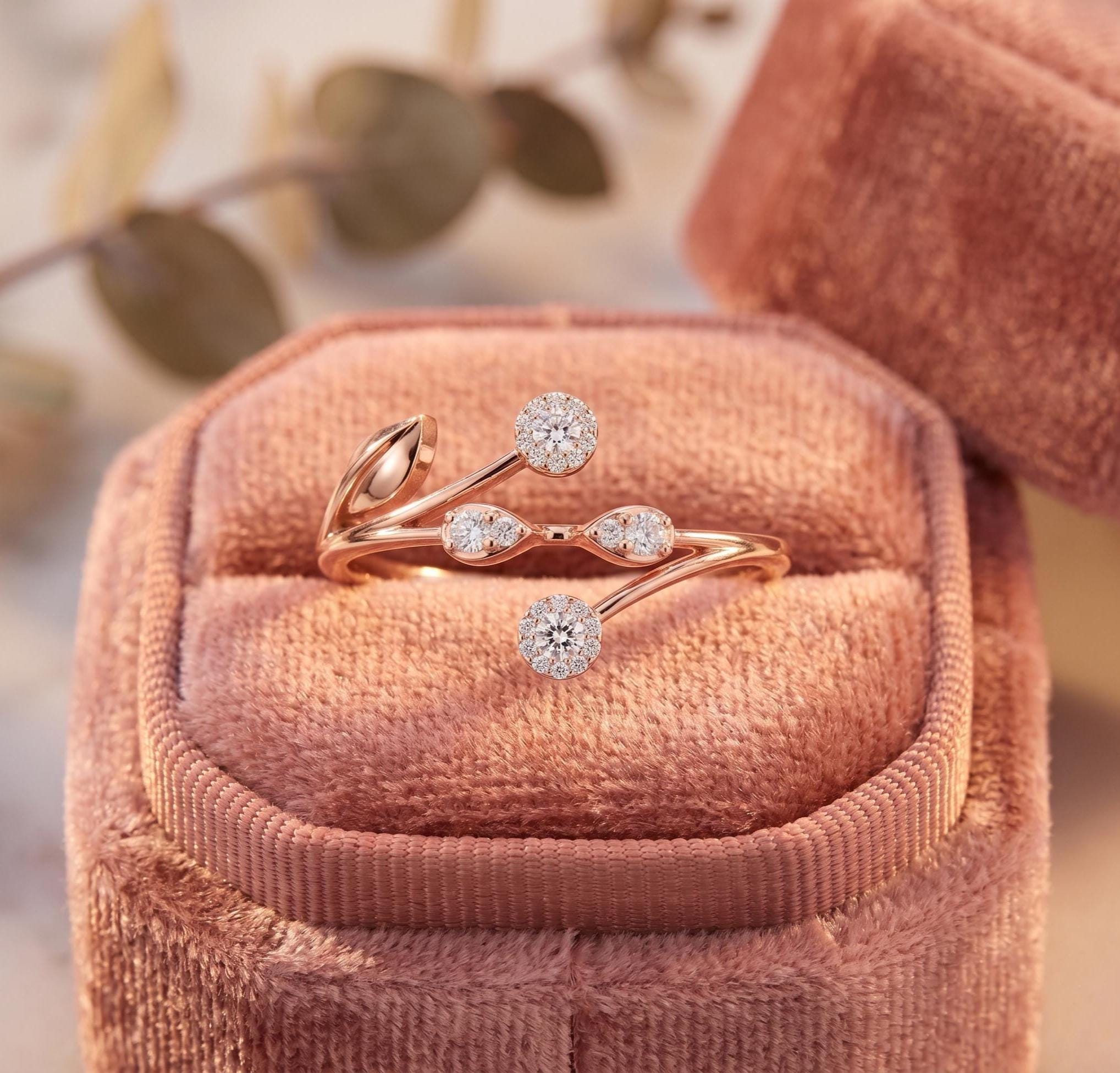 14k Solid Gold Swirl Leaf Moissanite Ring, Nature Inspired Cluster Wrap Curved Ring