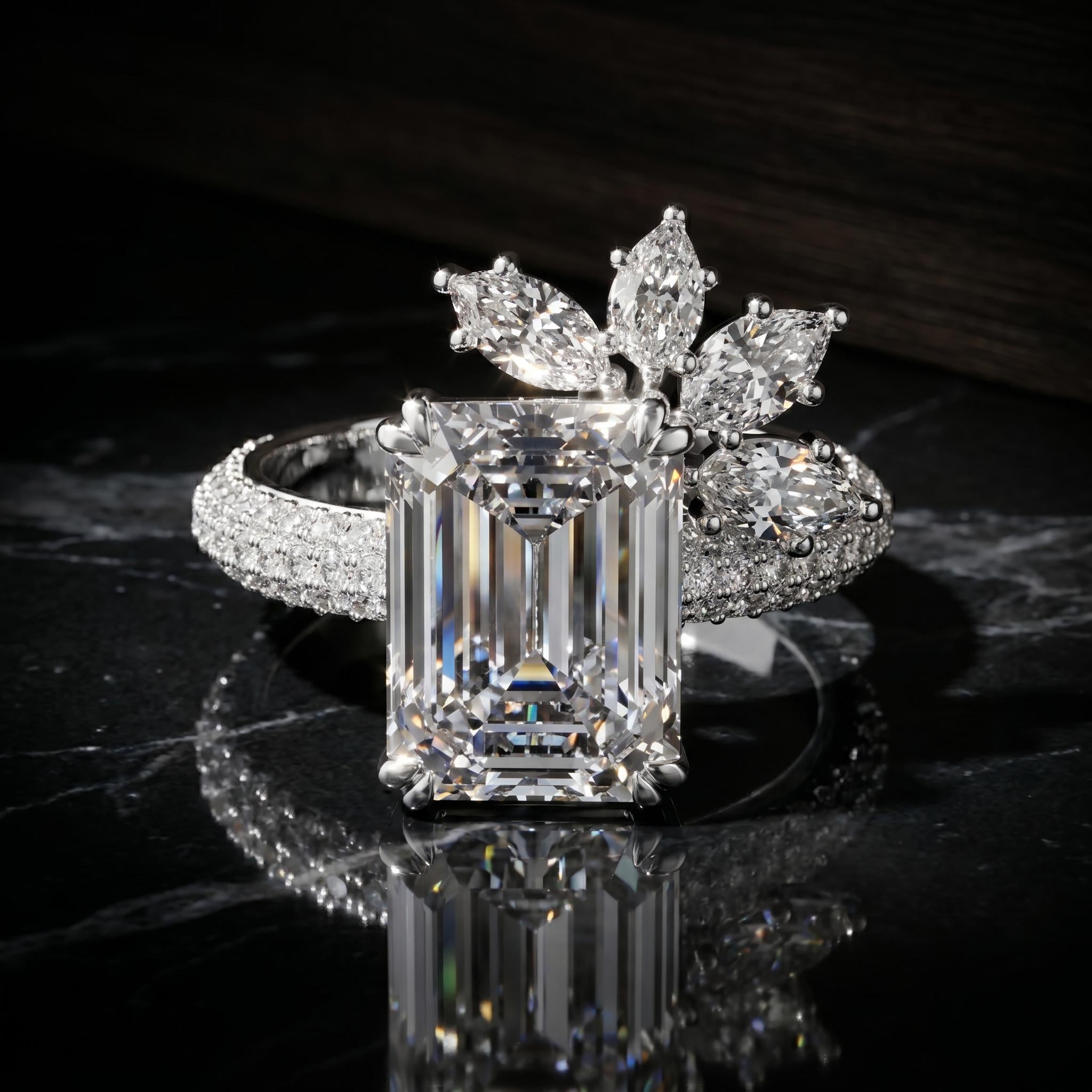 Emerald Cut Moissanite Ring, Sterling Silver Floral Cluster Band, Wedding Ring Gifts
