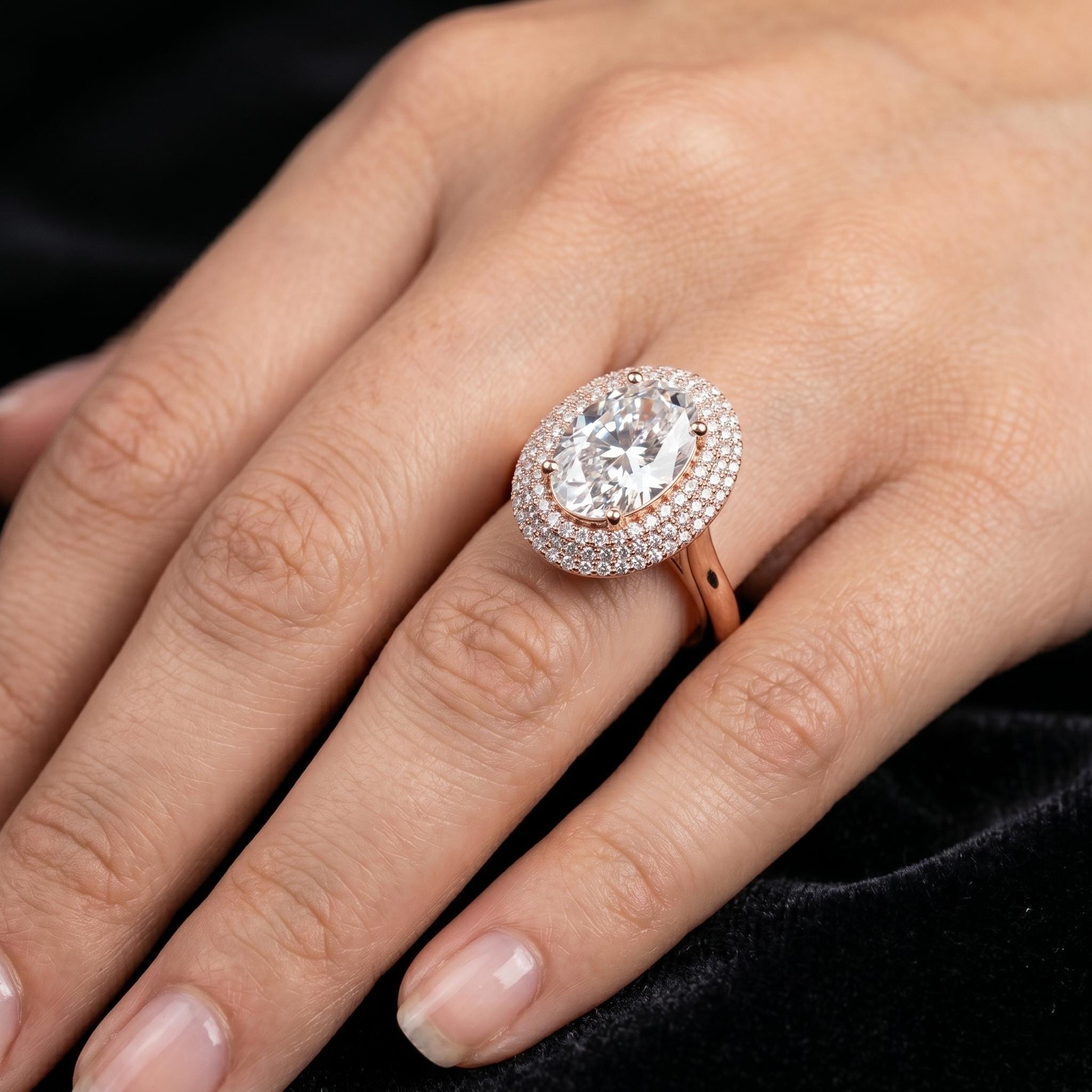 Oval Cut Moissanite Double Halo Ring, 925 Sterling Silver Statement Ring