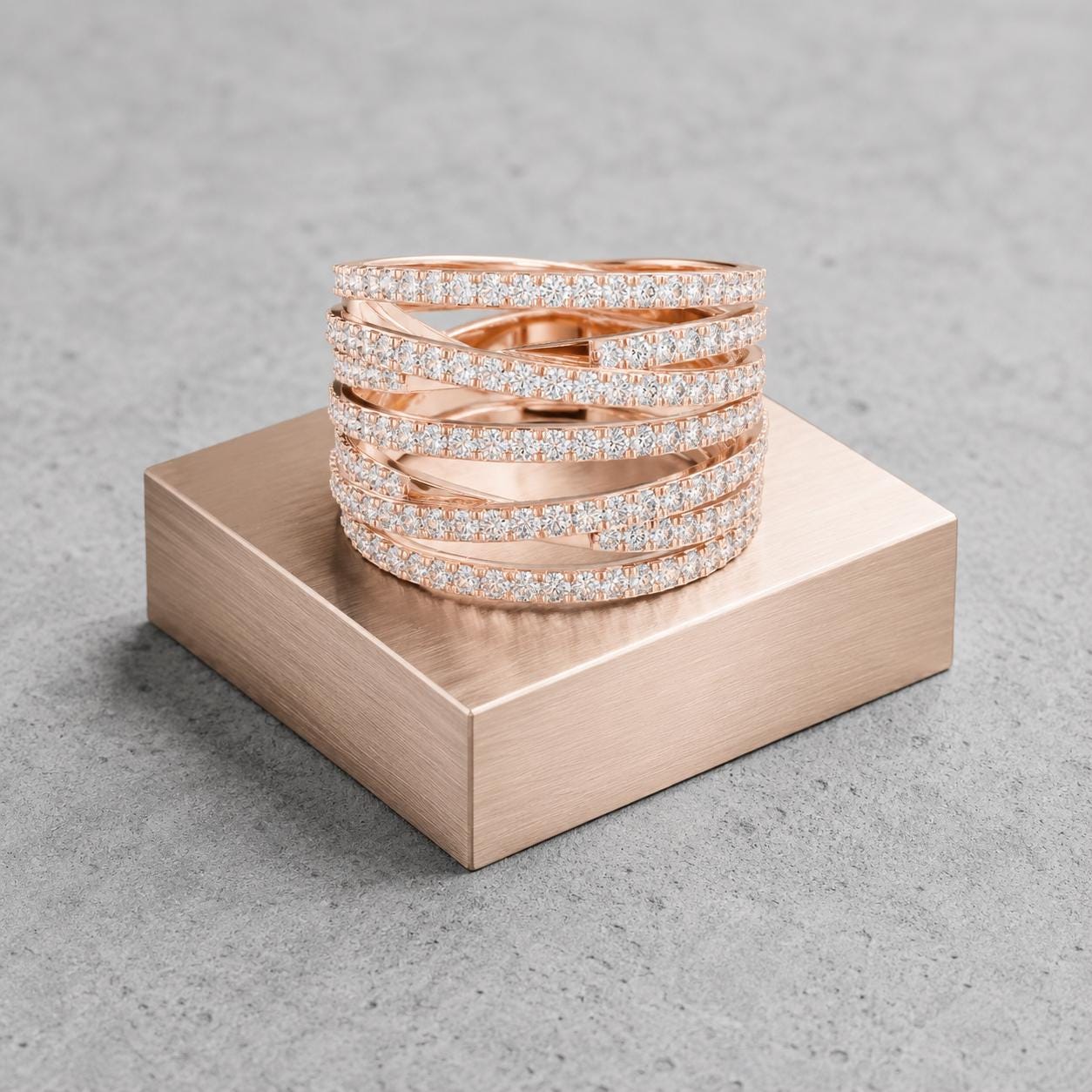 Moissanite Crossover Ring, Sterling Silver Rose Gold Multi Band Statement Ring