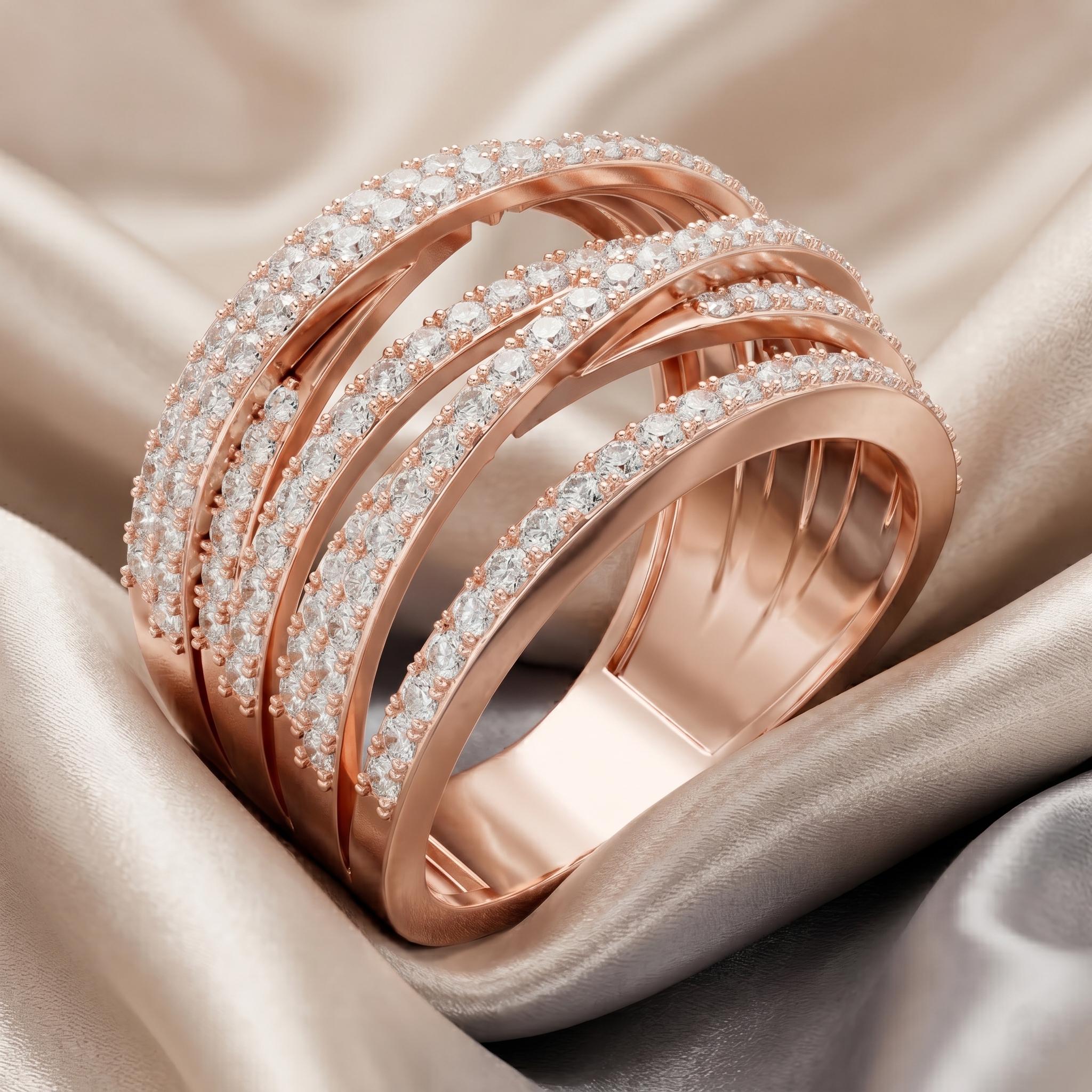 Moissanite Crossover Ring, Sterling Silver Rose Gold Multi Band Statement Ring