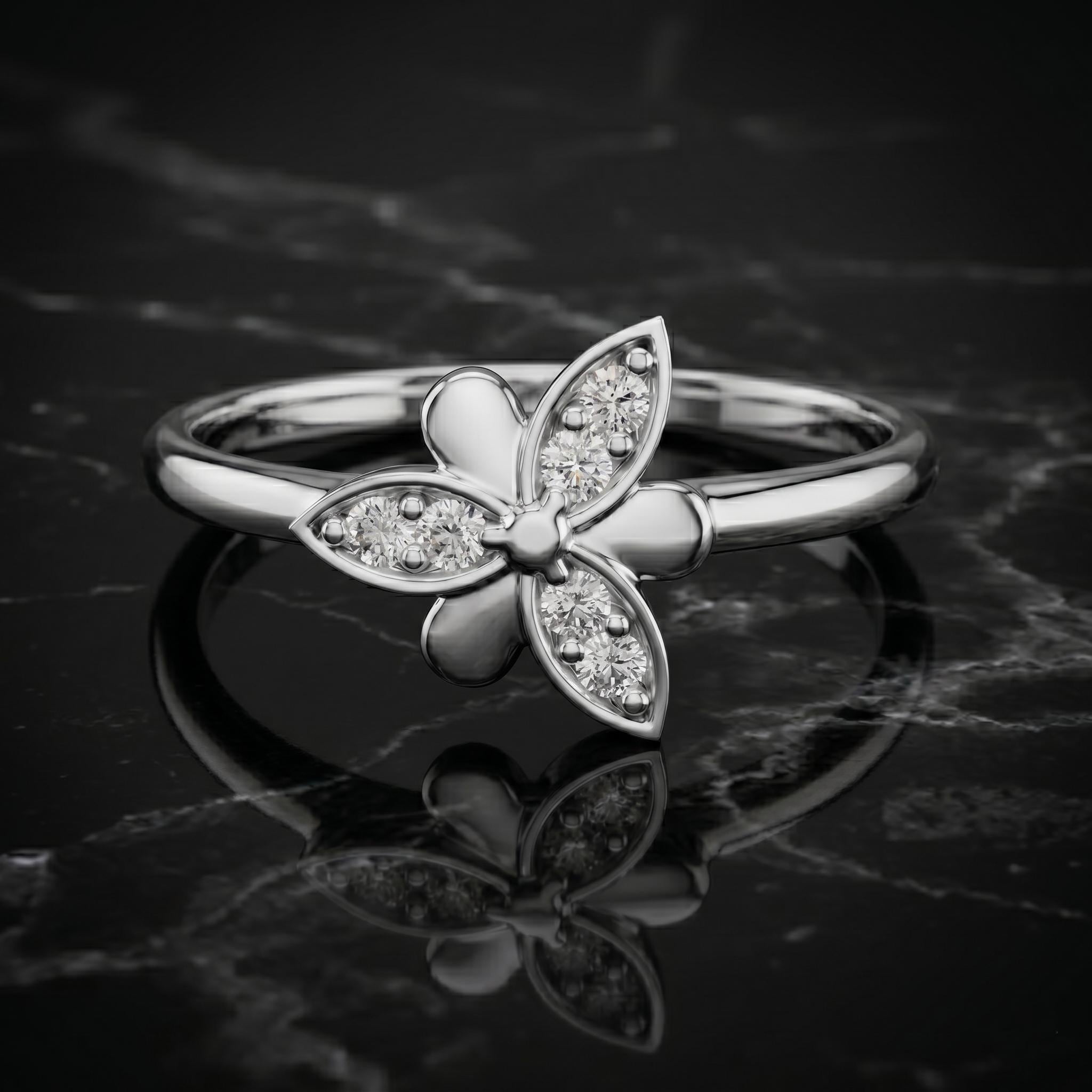 Delicate Butterfly Moissanite Ring, 14k Solid Gold Floral Cluster, Nature Inspired Flower Promise Ring