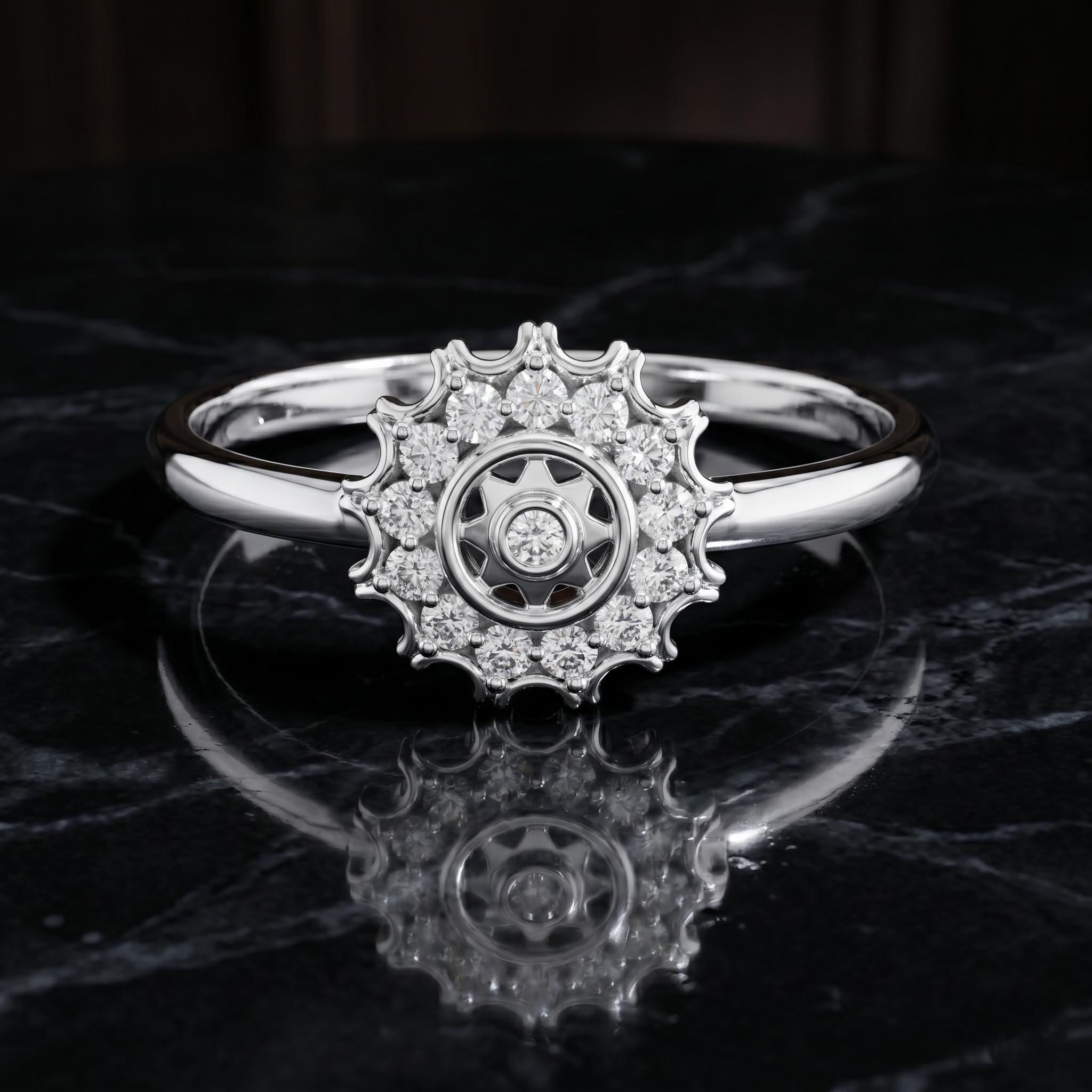 14K Solid Gold Moissanite Sunburst Ring, Vintage Celestial Gear Scalloped Halo Flower