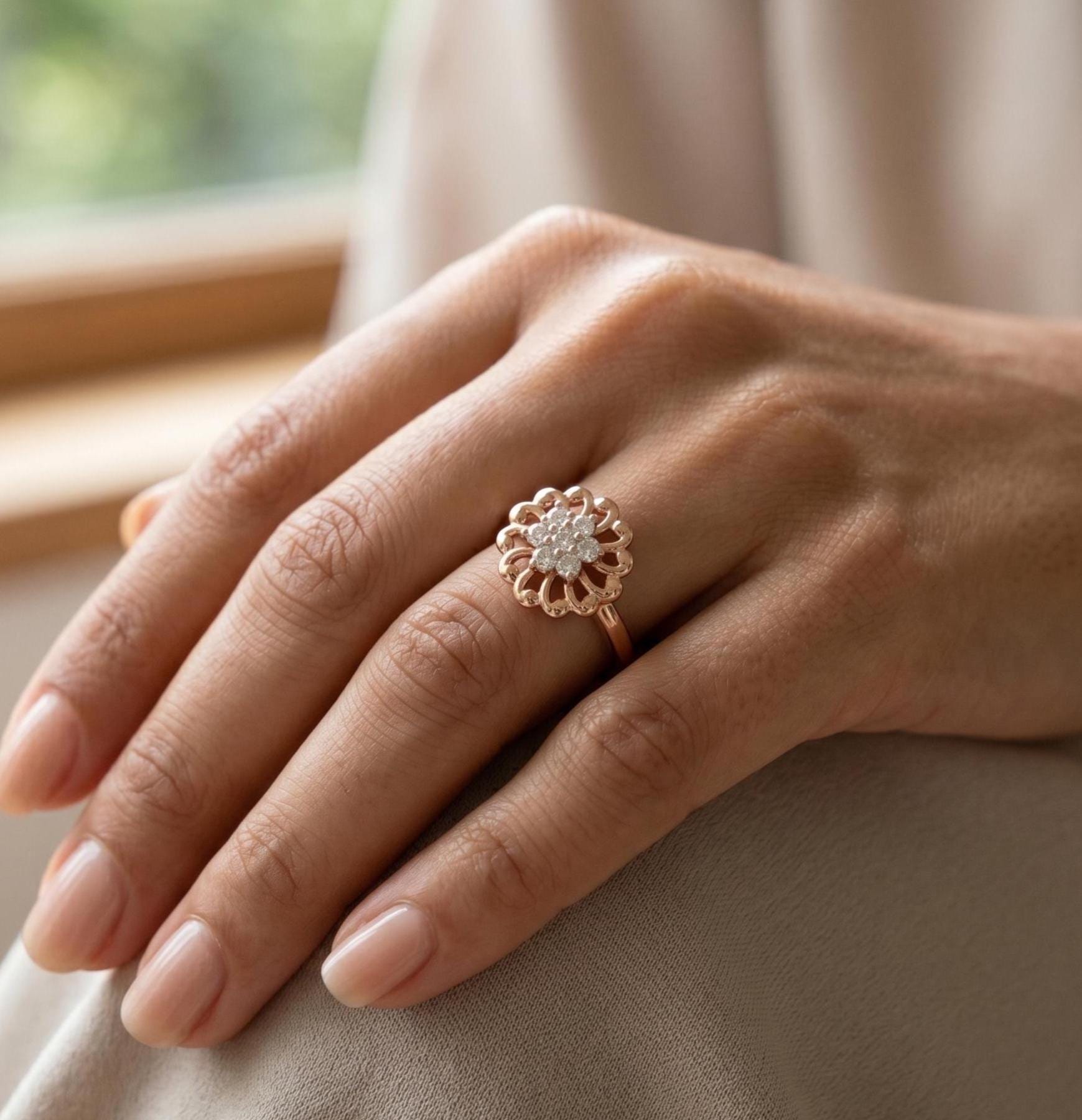Flower Shape Moissanite Ring, 14K Solid Gold, Vintage Sparkling Floral Engagement Wedding Statement Jewelry
