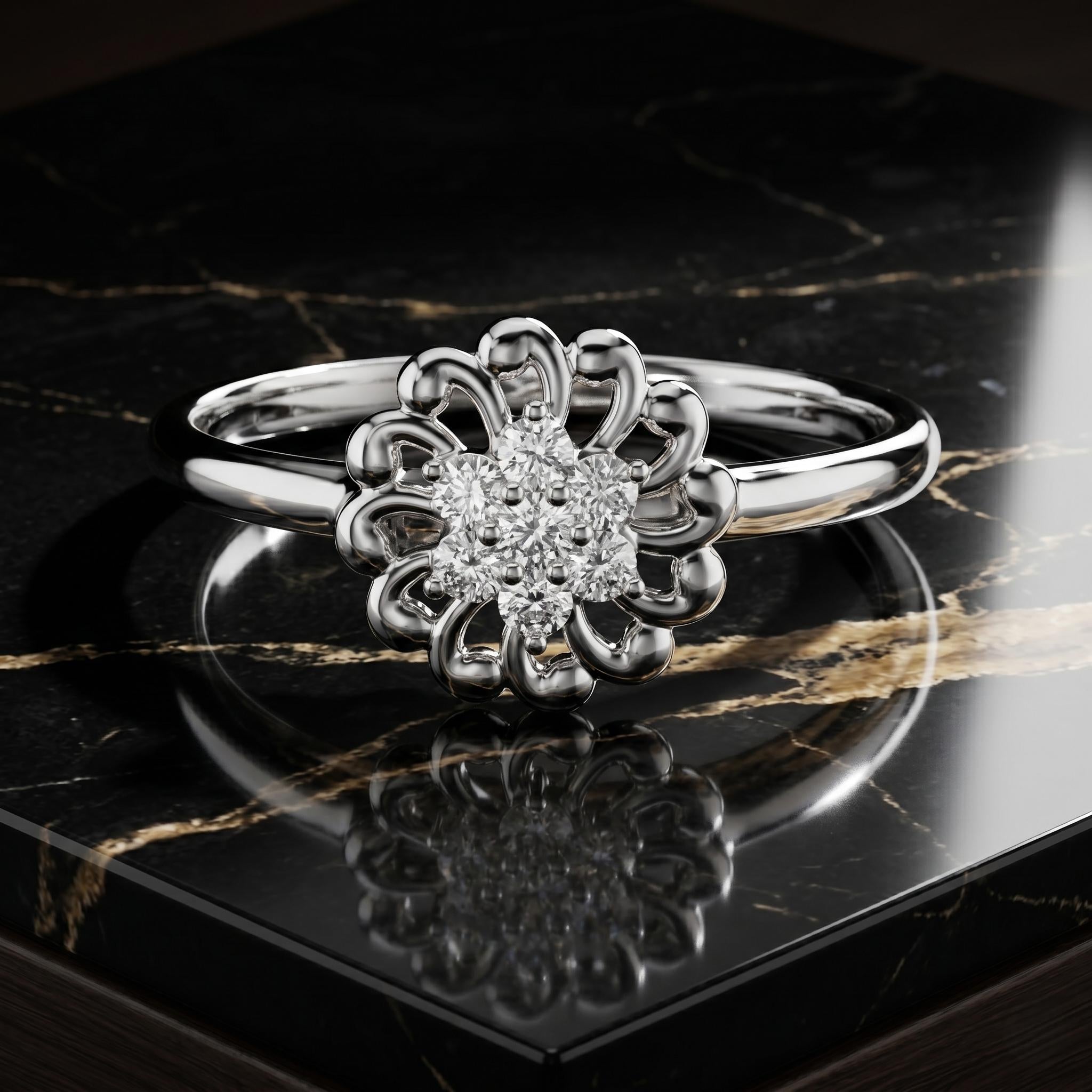 Flower Shape Moissanite Ring, 14K Solid Gold, Vintage Sparkling Floral Engagement Wedding Statement Jewelry