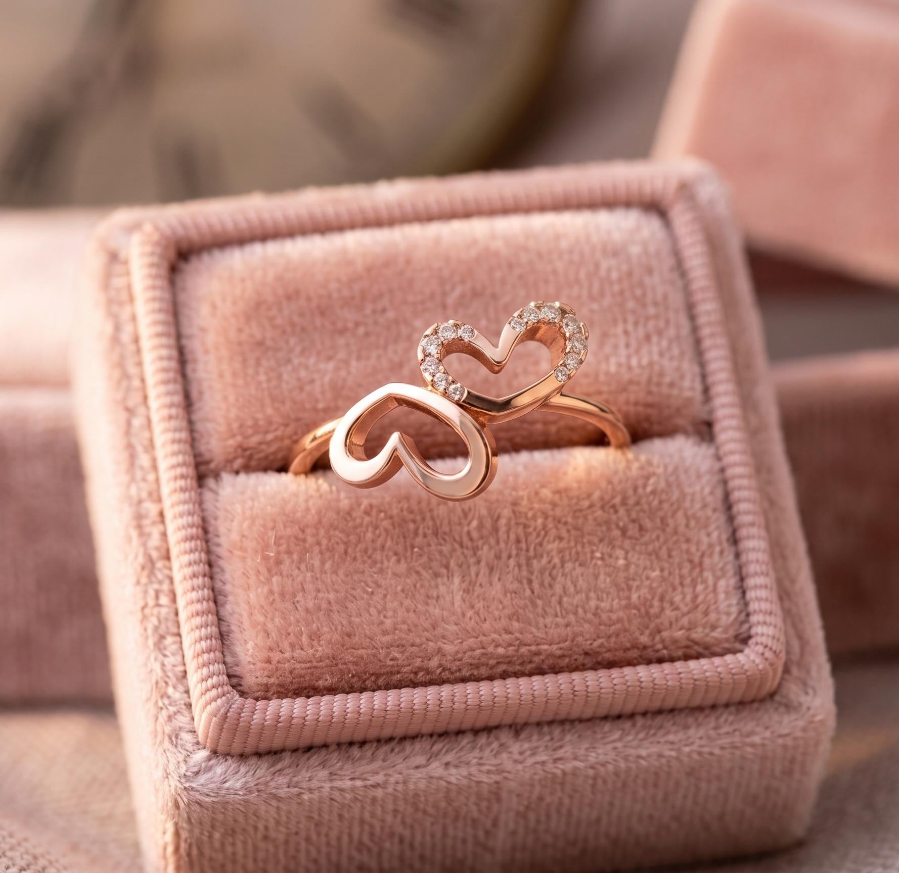 Interlocking Double Heart Moissanite Ring, 14K Solid Rose Gold, Dainty Wedding Promise Ring