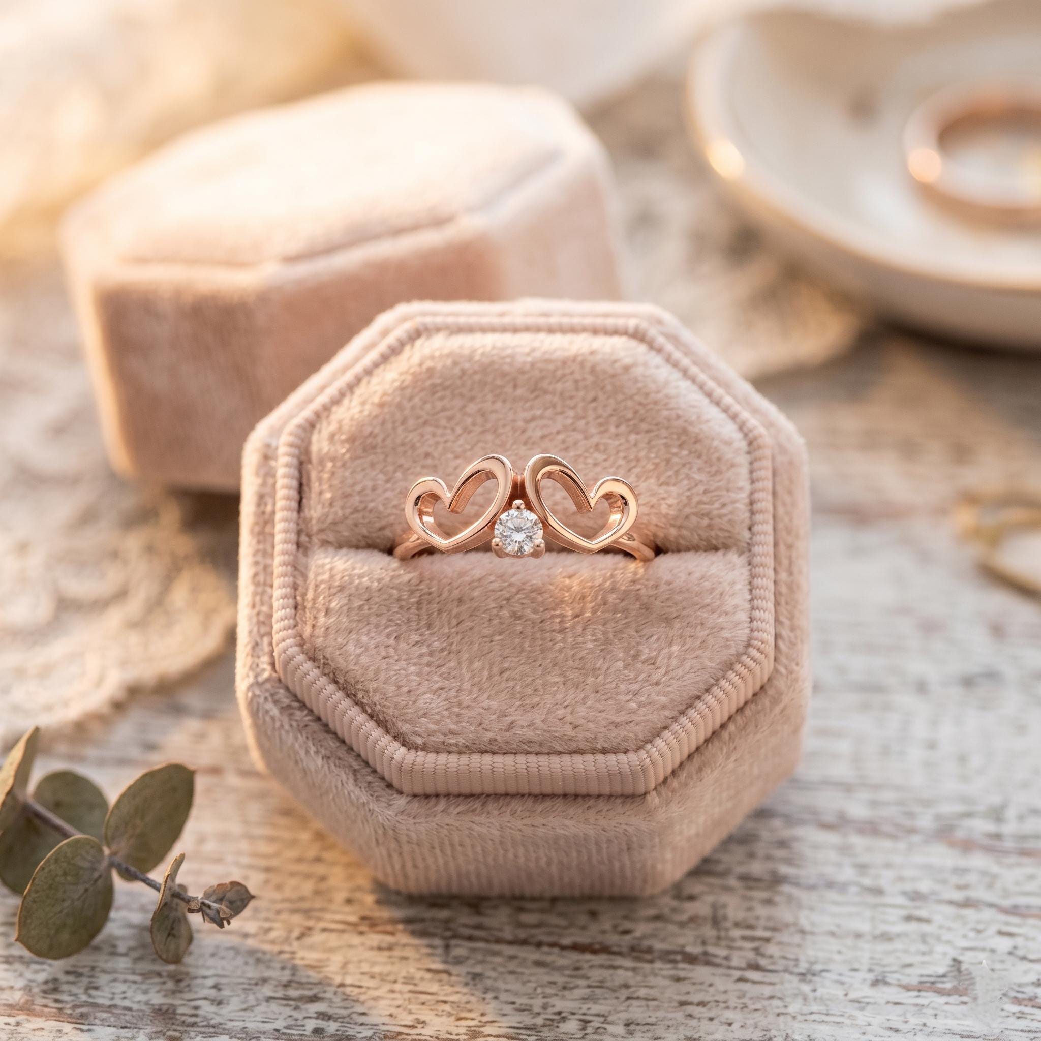 Filigree Double Heart Moissanite Ring, 14k Solid Gold Promise Anniversary Gift Her