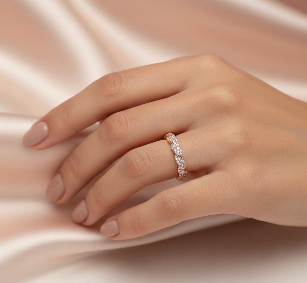 Twisted Sterling Silver Moissanite Wedding Band, Full Eternity Anniversary Ring