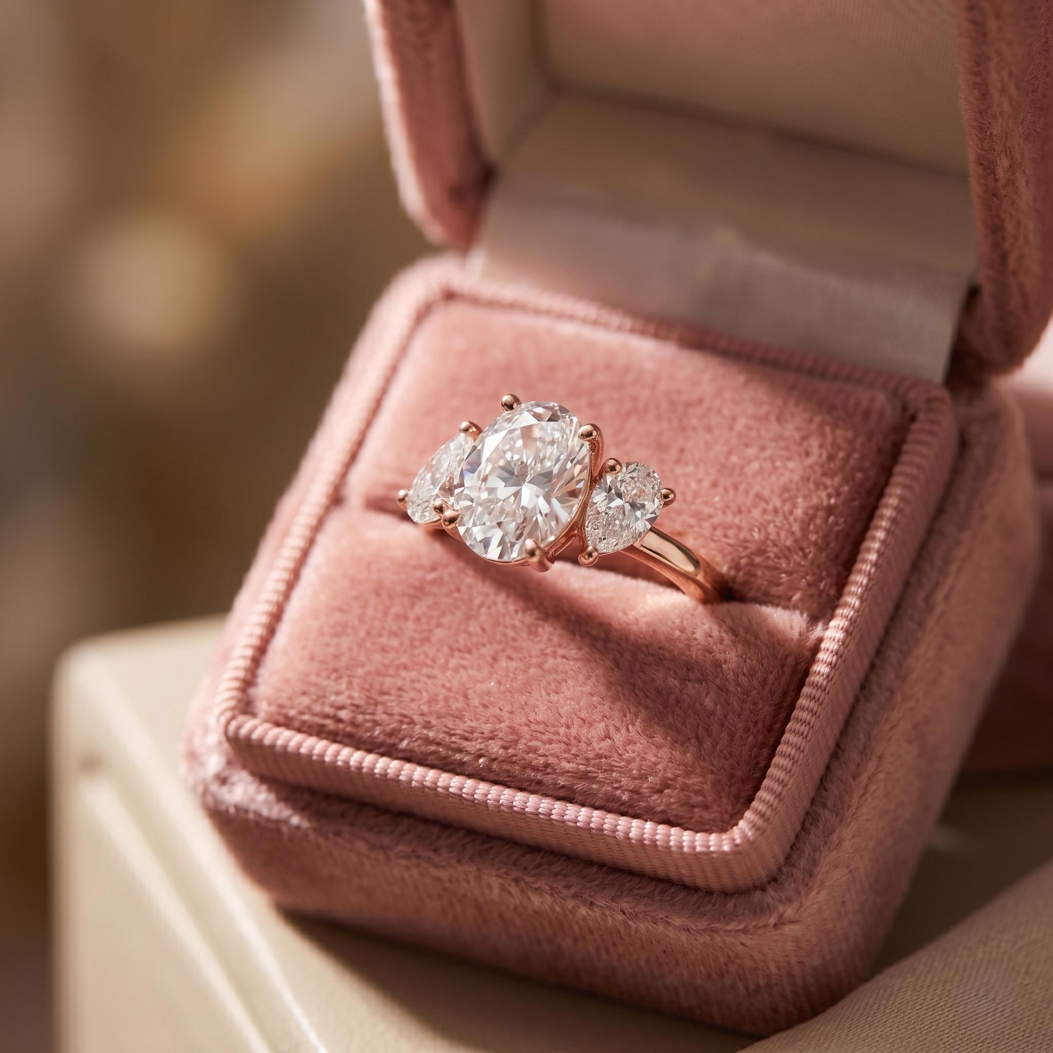 Oval Cut Moissanite Engagement Ring, 3 Stone Pear Side Stones, Sterling Silver, Art Deco