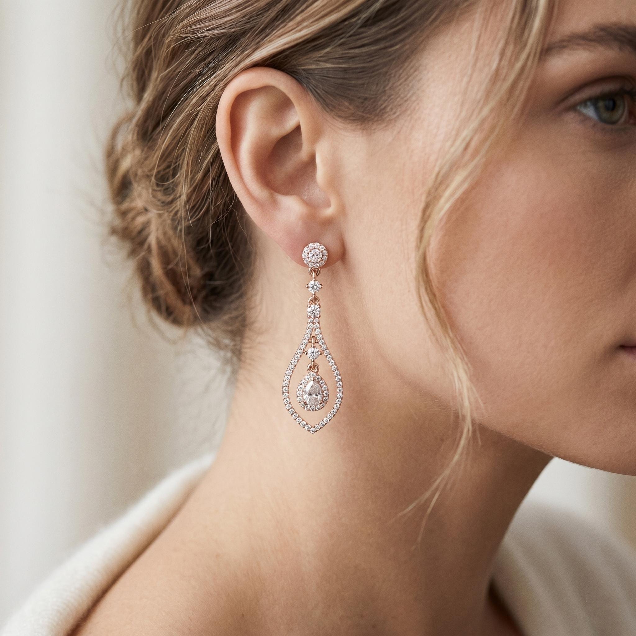 Moissanite Tear Drop Dangle Earrings, 925 Sterling Silver Rose Gold Halo Chandelier