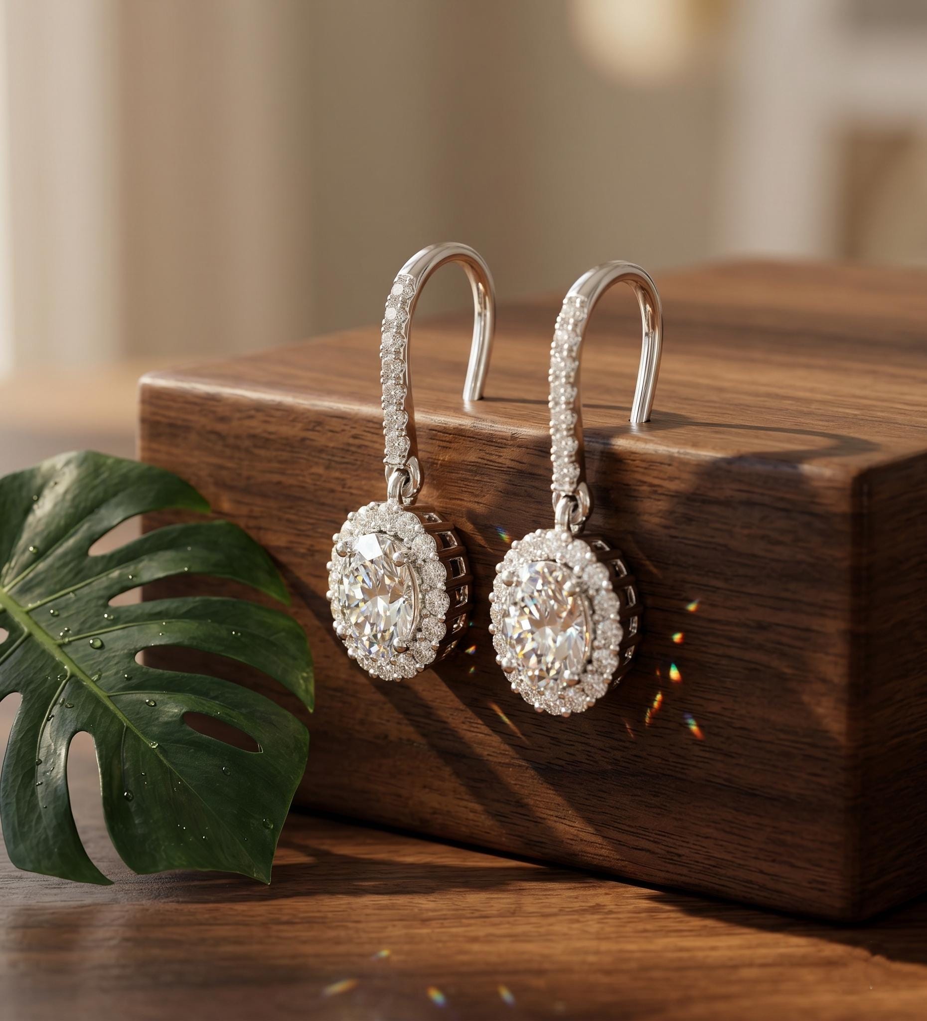 Oval Cut Moissanite Hanging Dangle Earrings, Rose Gold Vermeil, Sterling Silver Bridal halo Jewelry