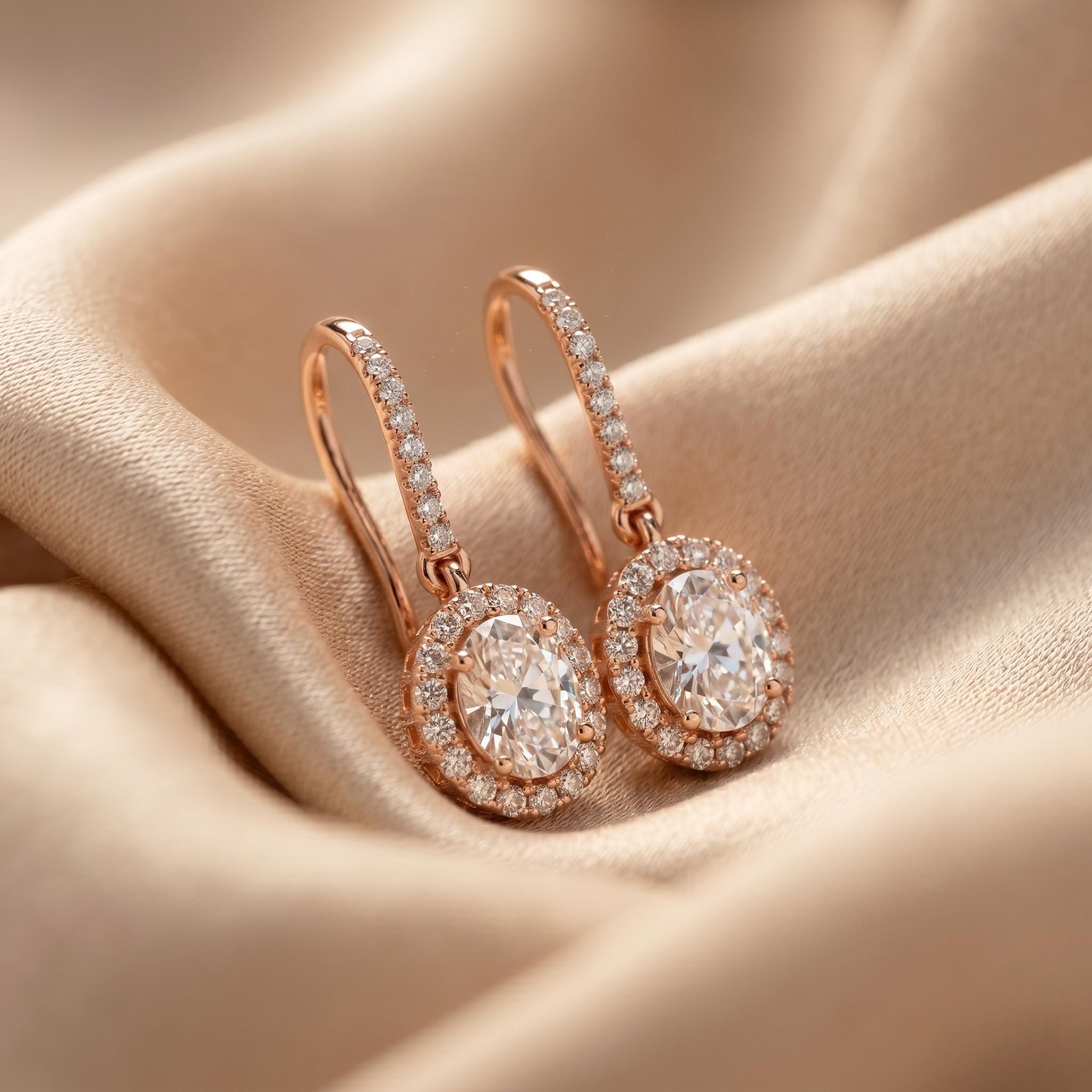 Oval Cut Moissanite Hanging Dangle Earrings, Rose Gold Vermeil, Sterling Silver Bridal halo Jewelry