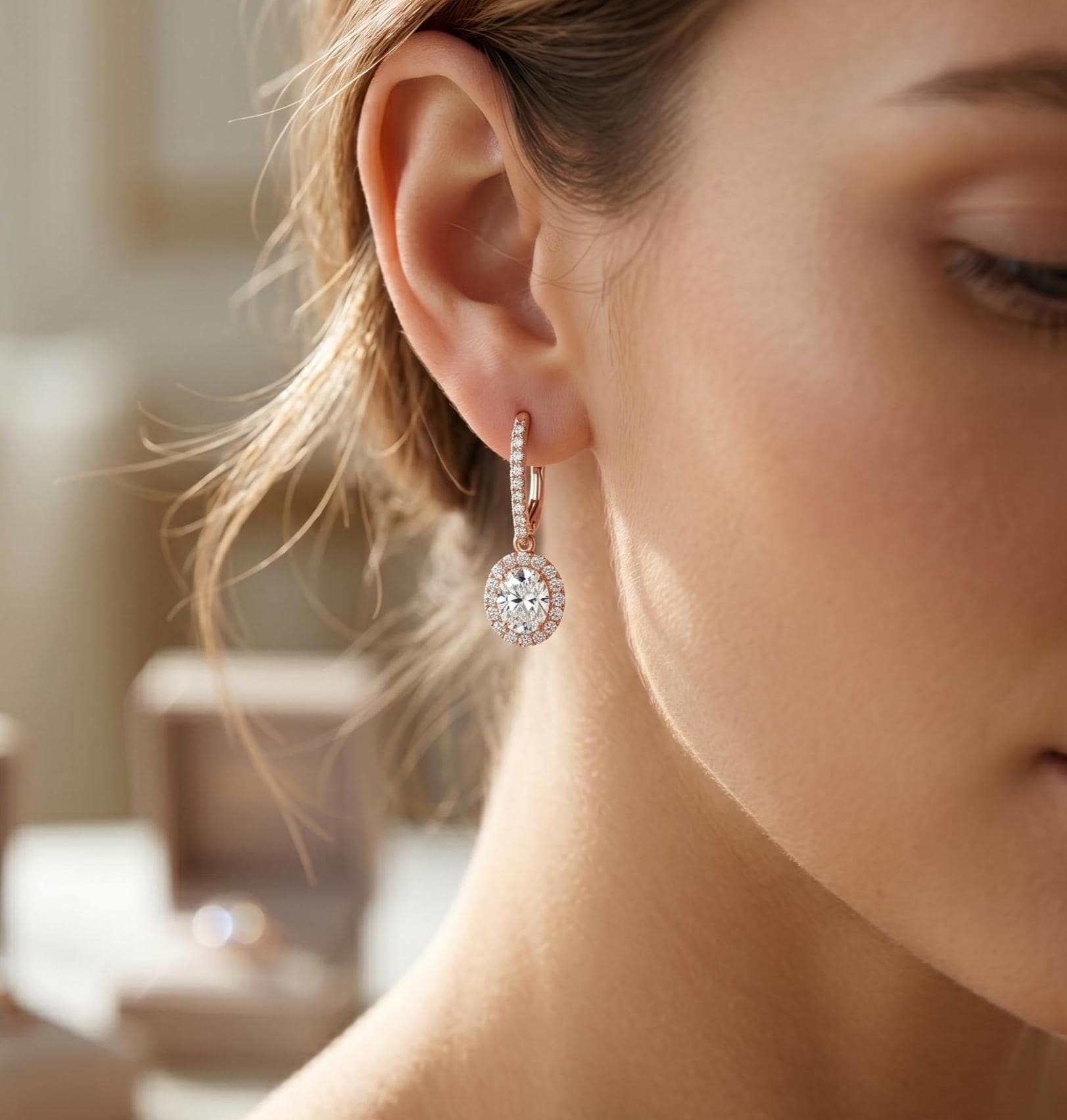 Oval Cut Moissanite Hanging Dangle Earrings, Rose Gold Vermeil, Sterling Silver Bridal halo Jewelry