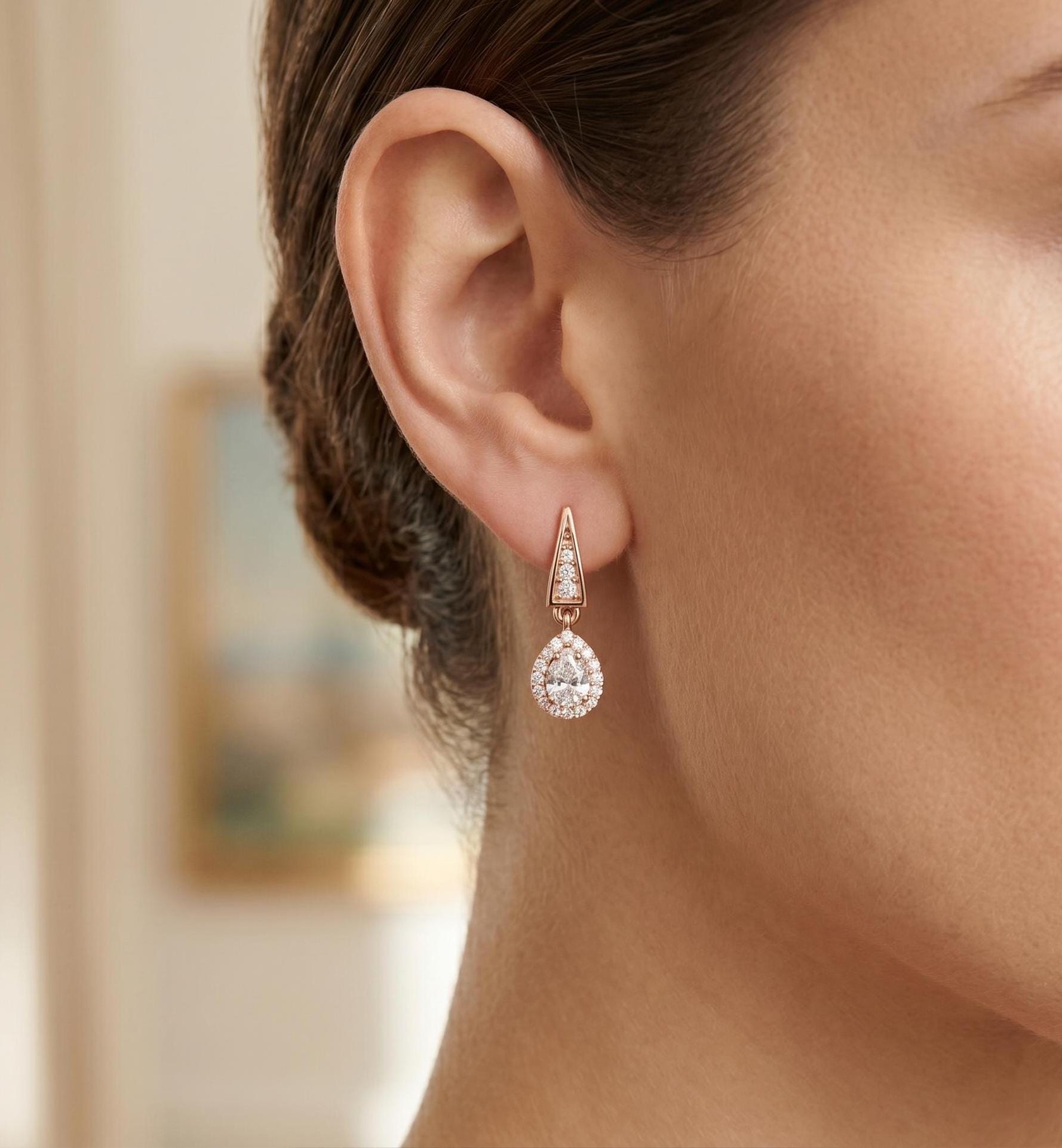 Tear Drop Moissanite Bridal Earrings, Art Deco Geometric Dangle Halo Wedding