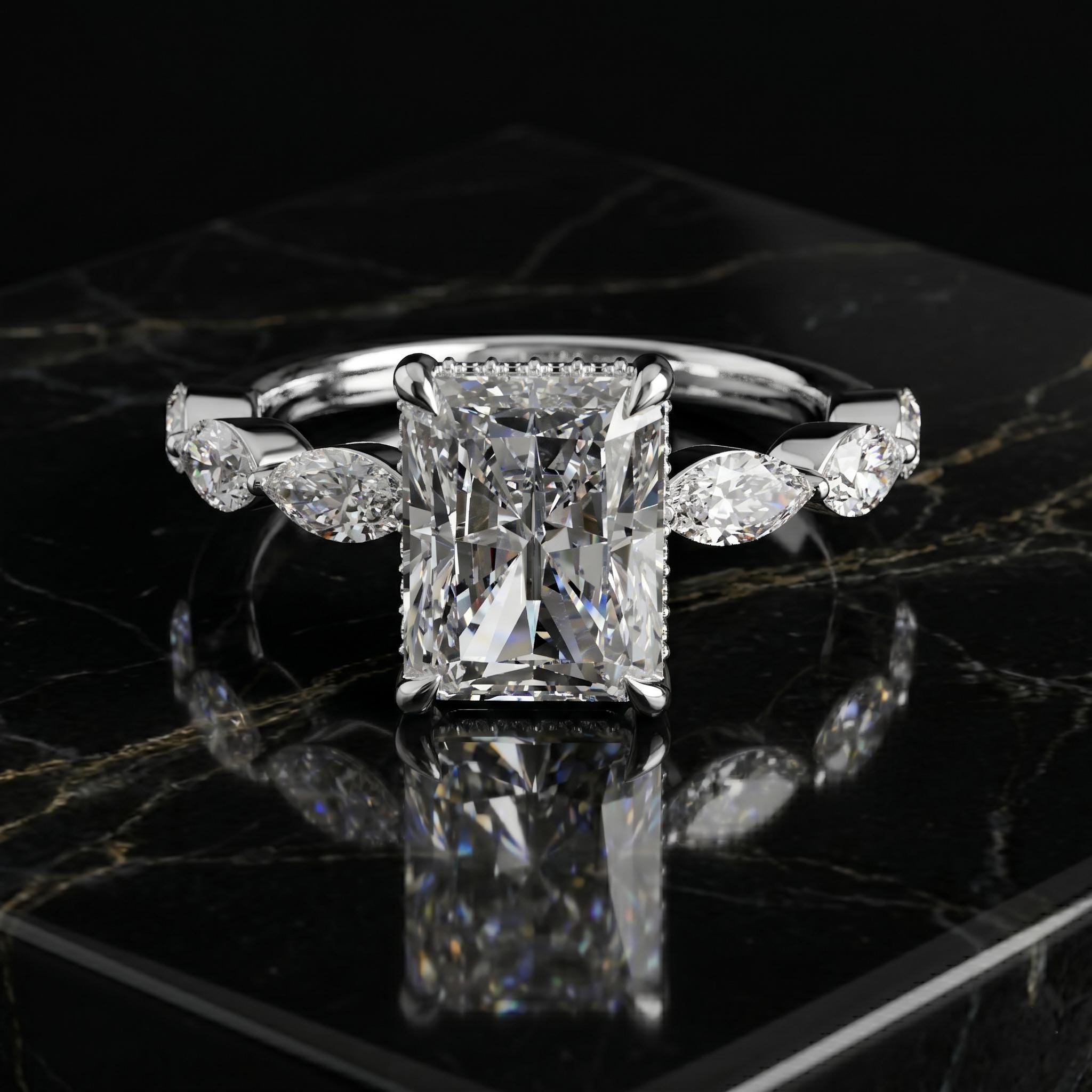 Radiant Cut Moissanite Engagement Ring, Sterling Silver Marquise Side Stone, Anniversary Promise Ring