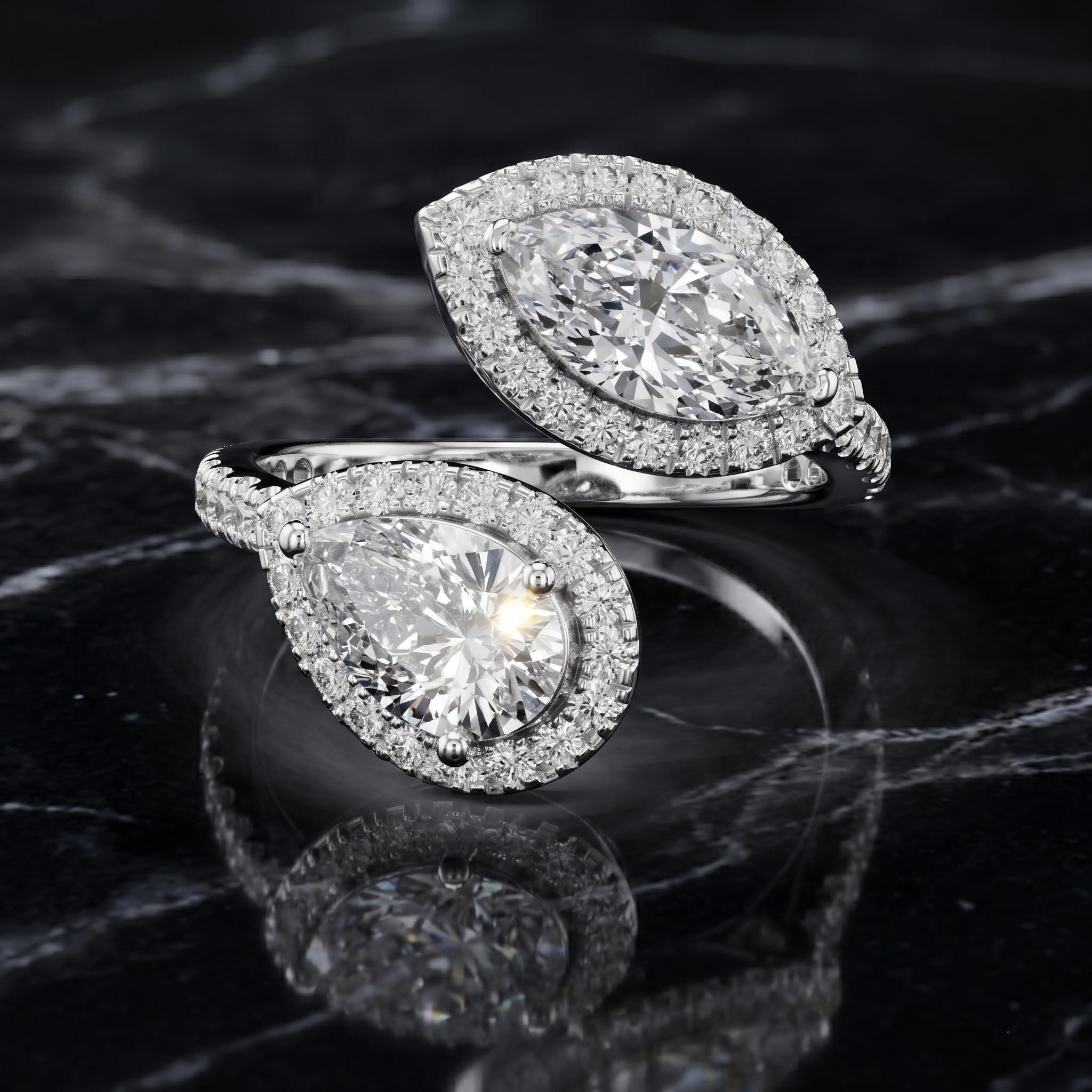 Toi et Moi Pear Marquise Moissanite Ring, Open Bypass Sterling Silver Double Halo Bridal