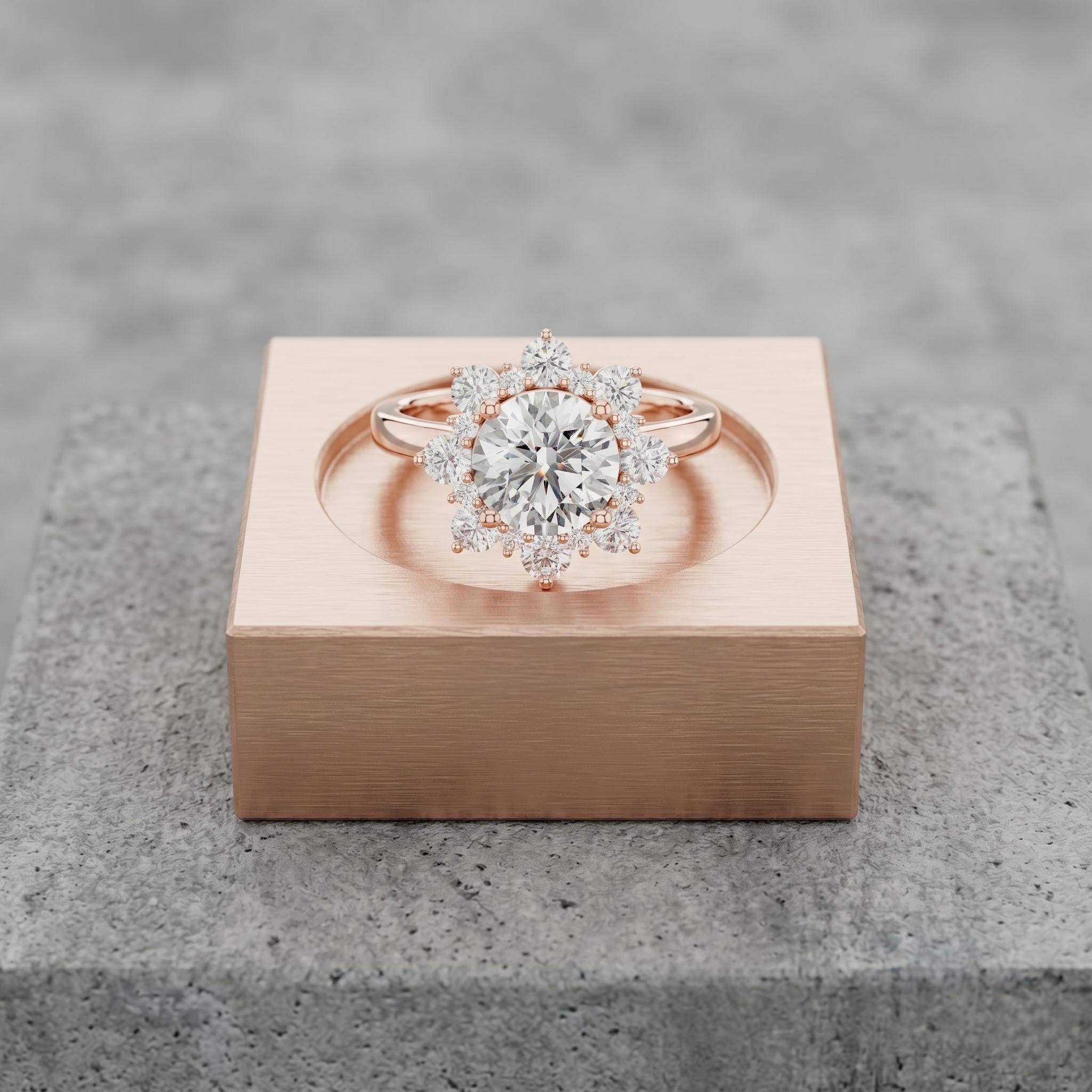 Round Cut Moissanite Snowflake Engagement Ring, Rose Gold Plated Sterling Silver Wedding Jewelry