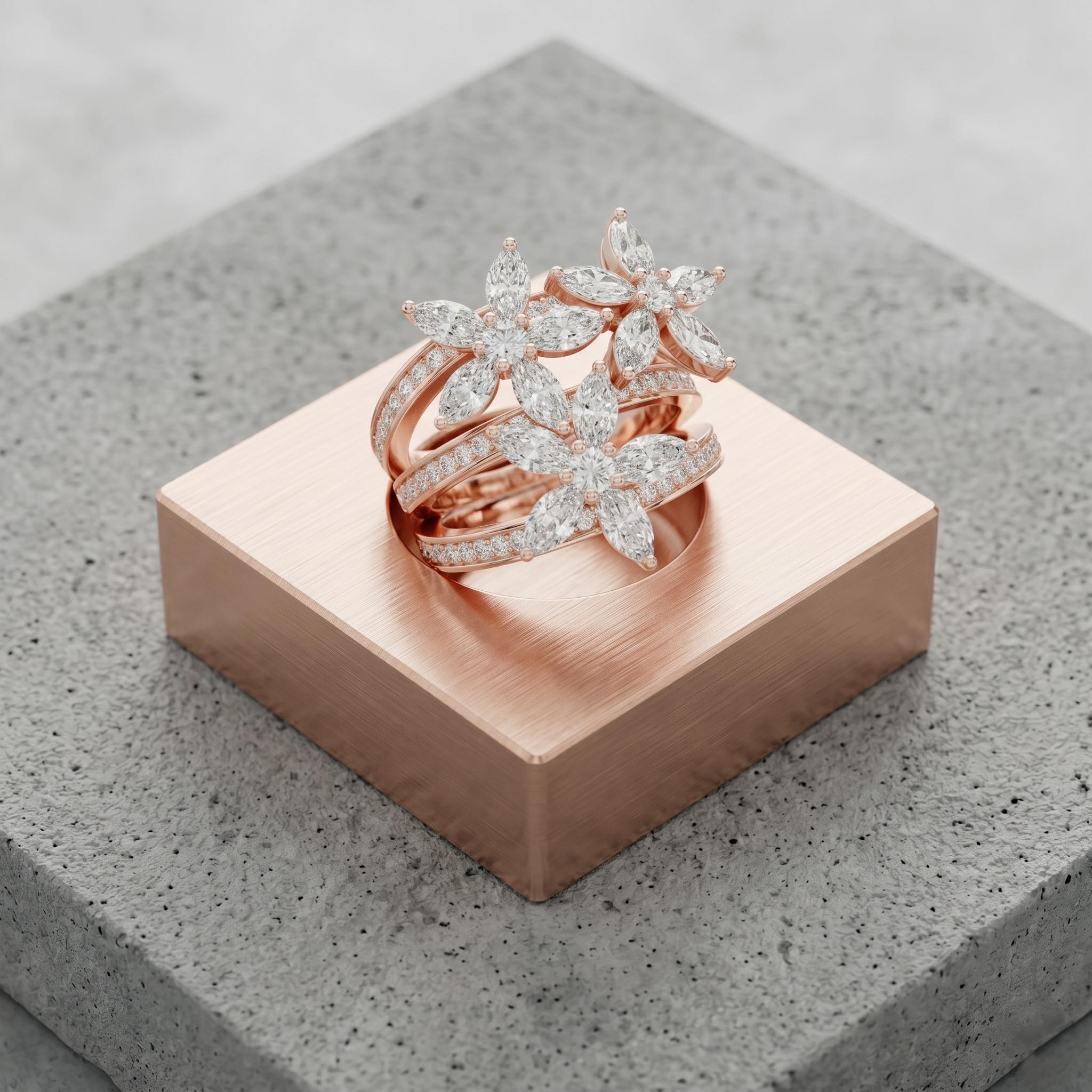 Marquise Moissanite Floral Cluster Ring, Sterling Silver Vermeil Statement Band, Multi Layer Flower Ring