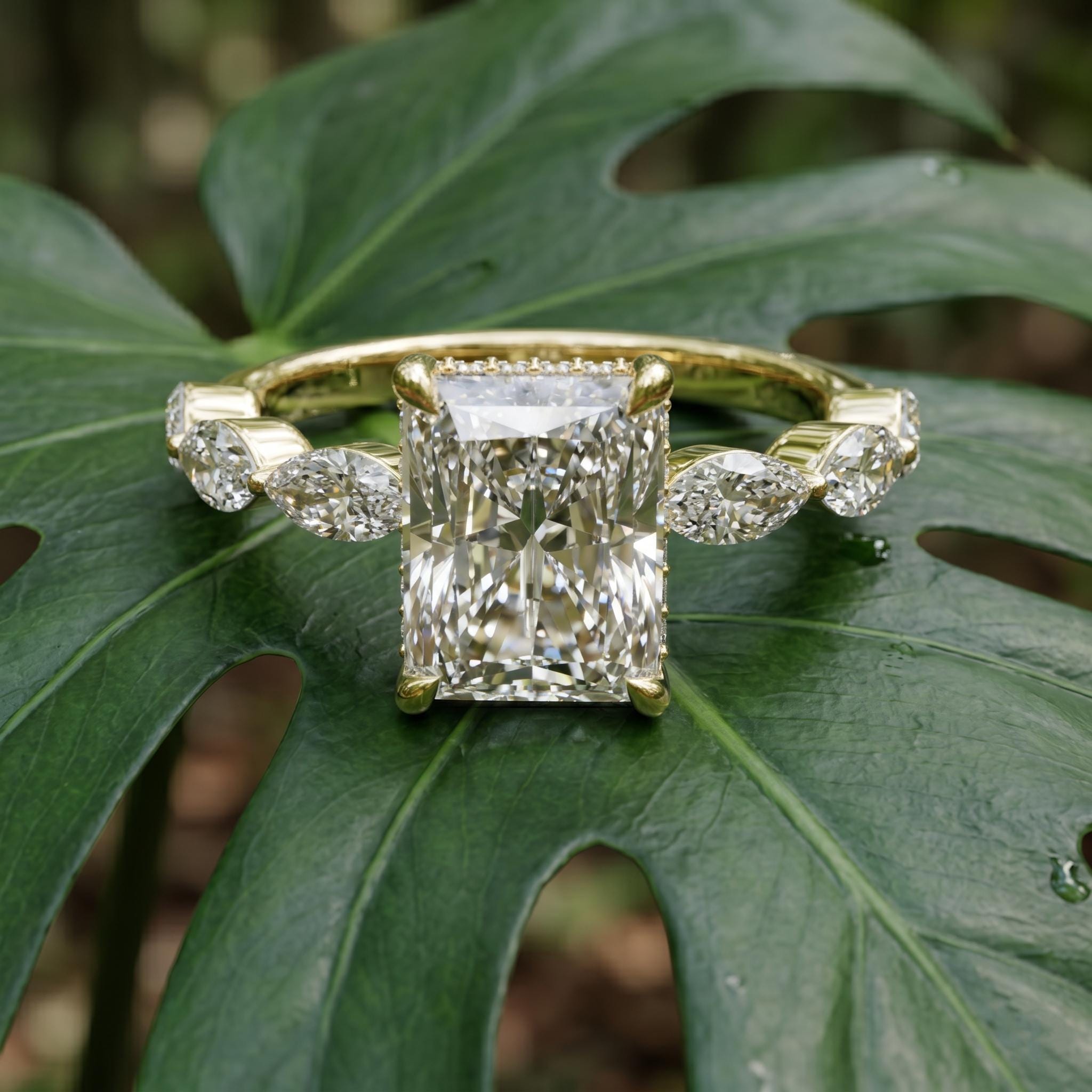 Radiant Cut Moissanite Engagement Ring, Sterling Silver Marquise Side Stone, Anniversary Promise Ring