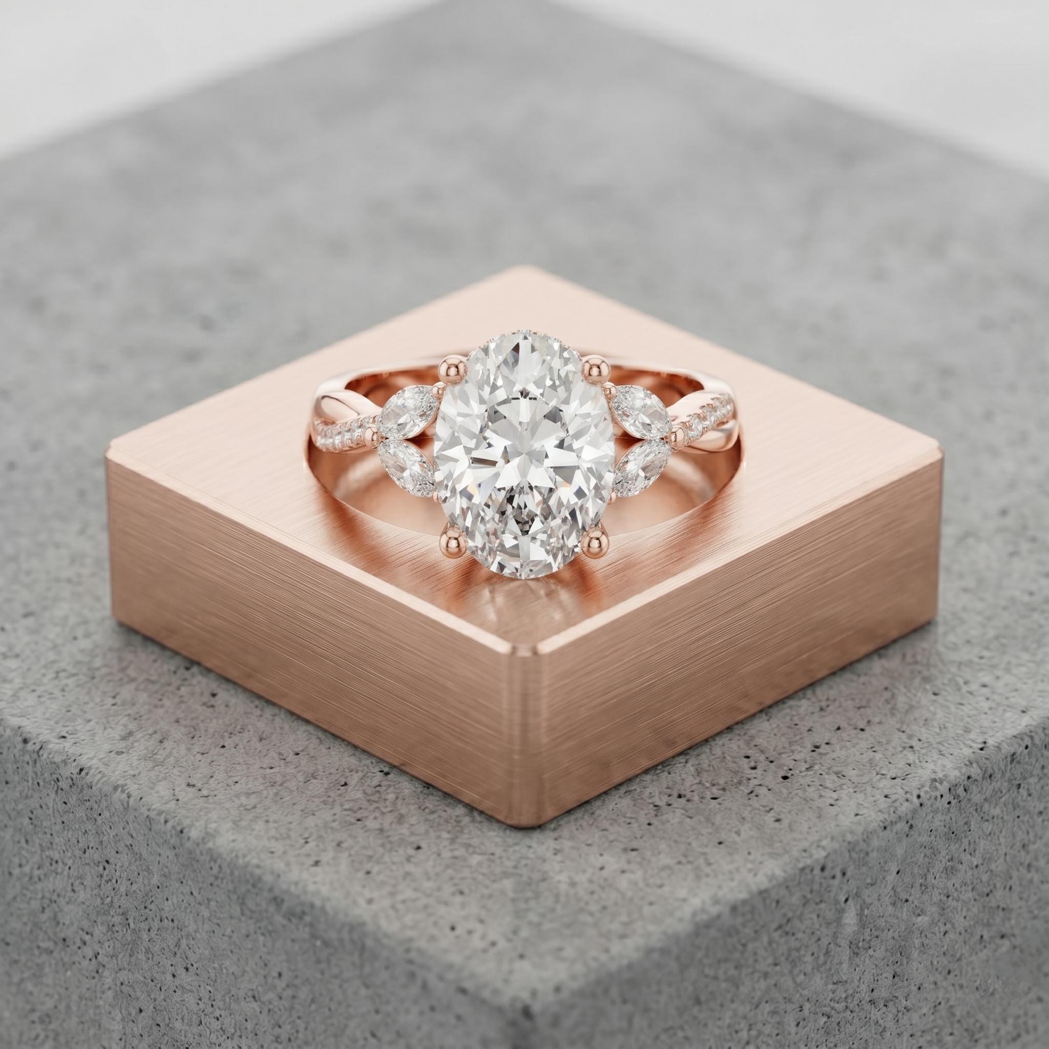 Oval Cut Moissanite Ring, Sterling Silver Twisted Pavé Bridal Band, Antique Floral Cluster Style