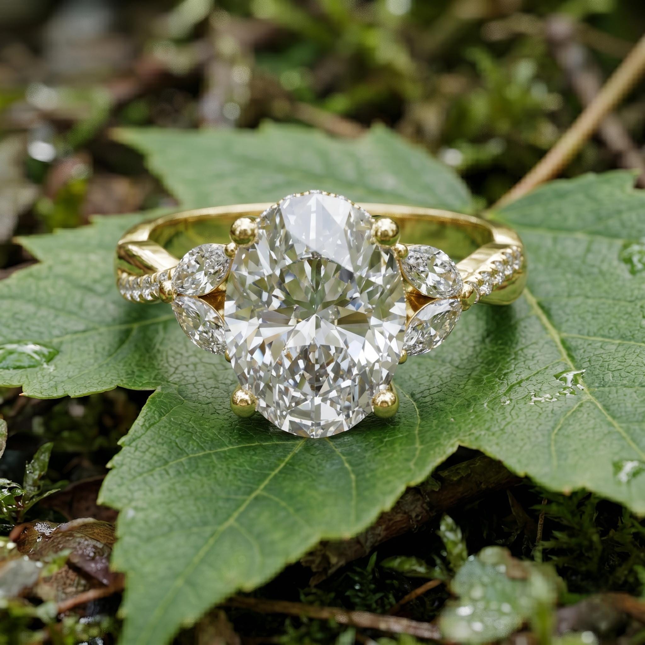 Oval Cut Moissanite Ring, Sterling Silver Twisted Pavé Bridal Band, Antique Floral Cluster Style