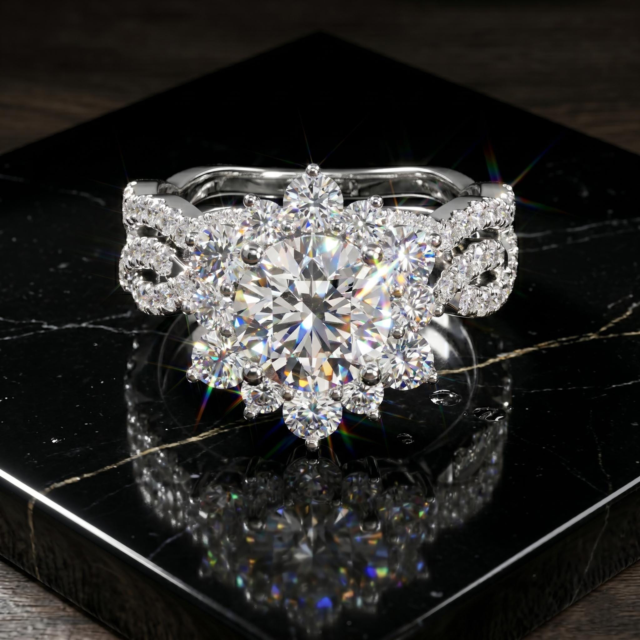 Moissanite Engagement Ring, Rose Gold Sterling Silver Floral Halo Bridal Set