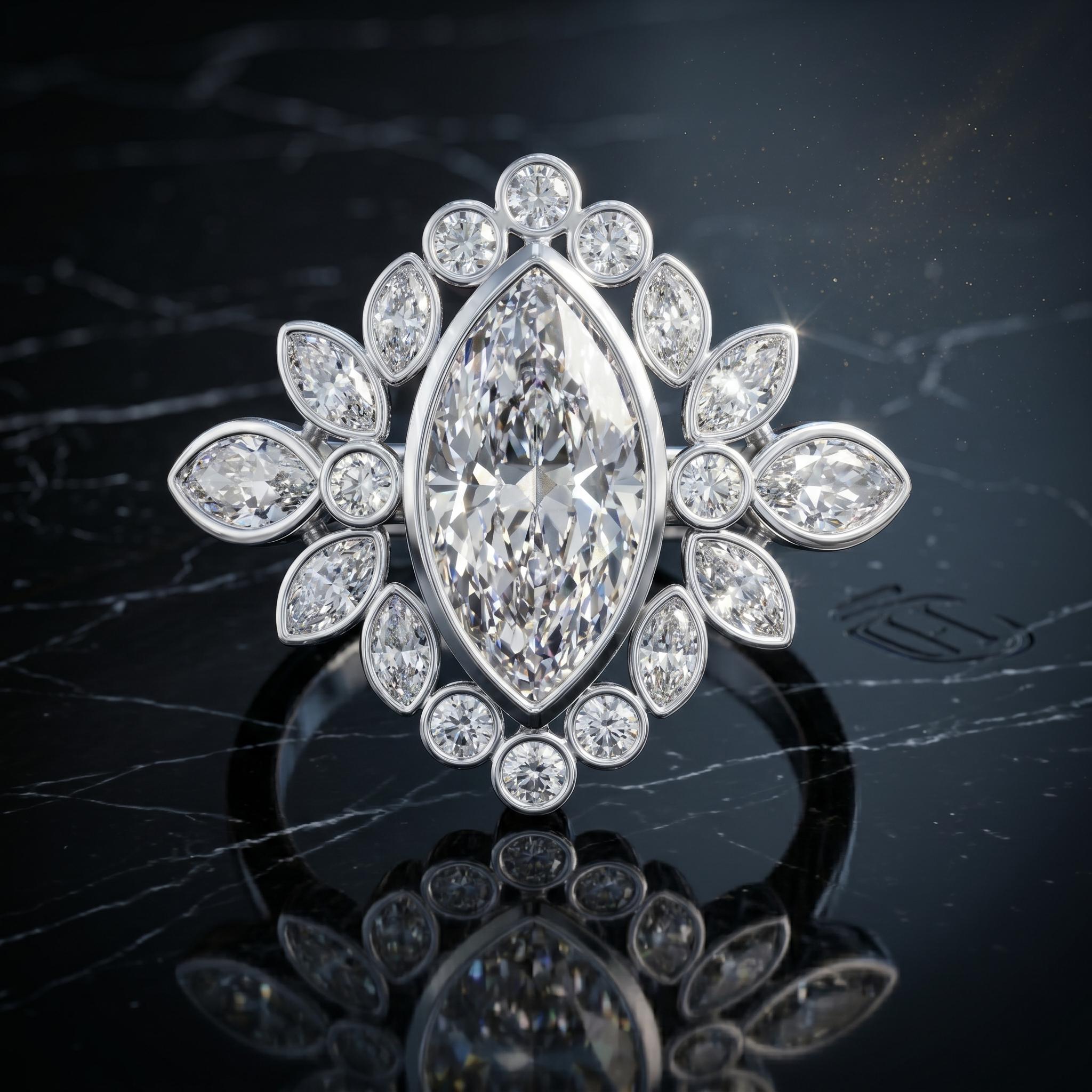 Marquise Cut Moissanite Halo Ring, Rose Gold Over Silver, Art Deco Cluster Promise Ring