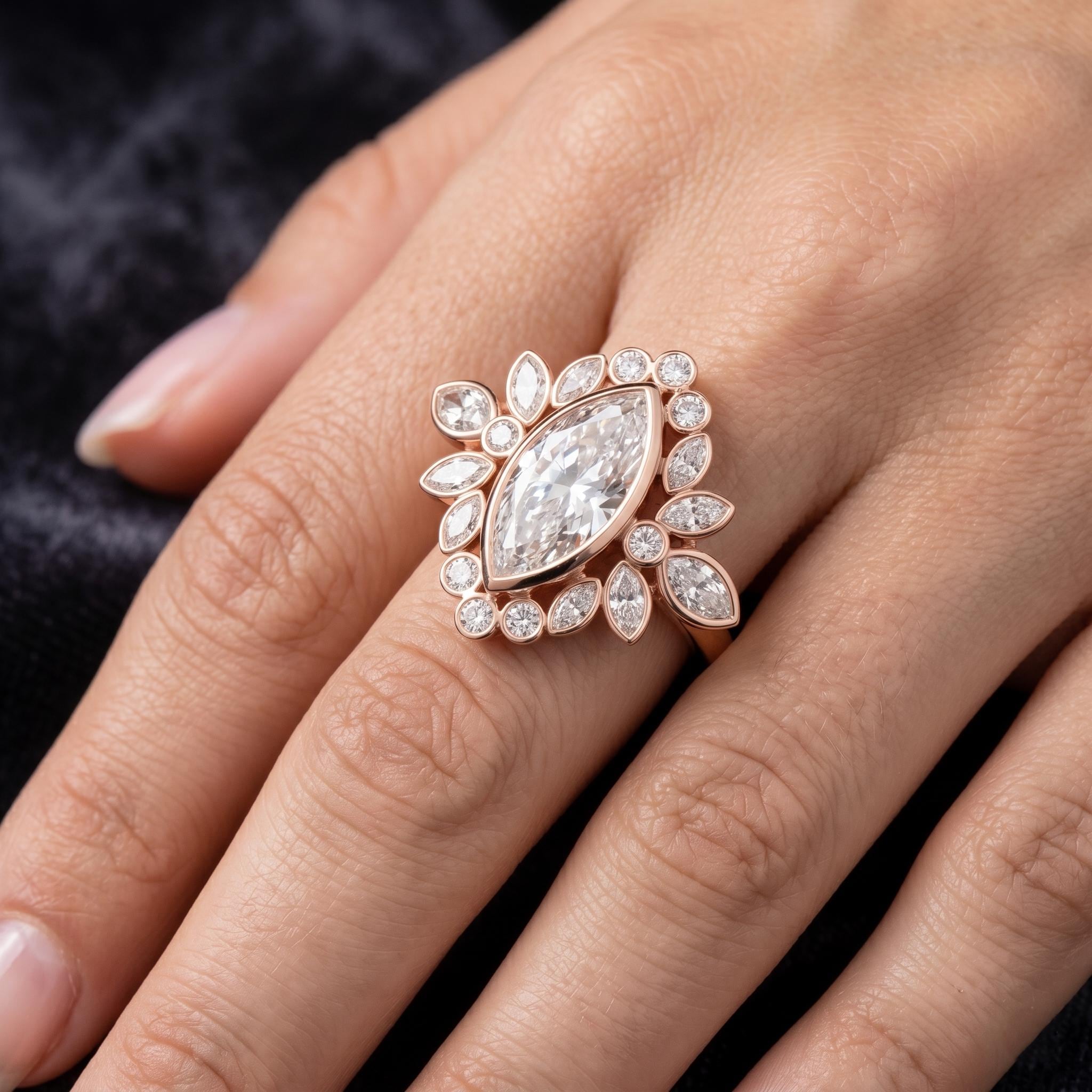 Marquise Cut Moissanite Halo Ring, Rose Gold Over Silver, Art Deco Cluster Promise Ring