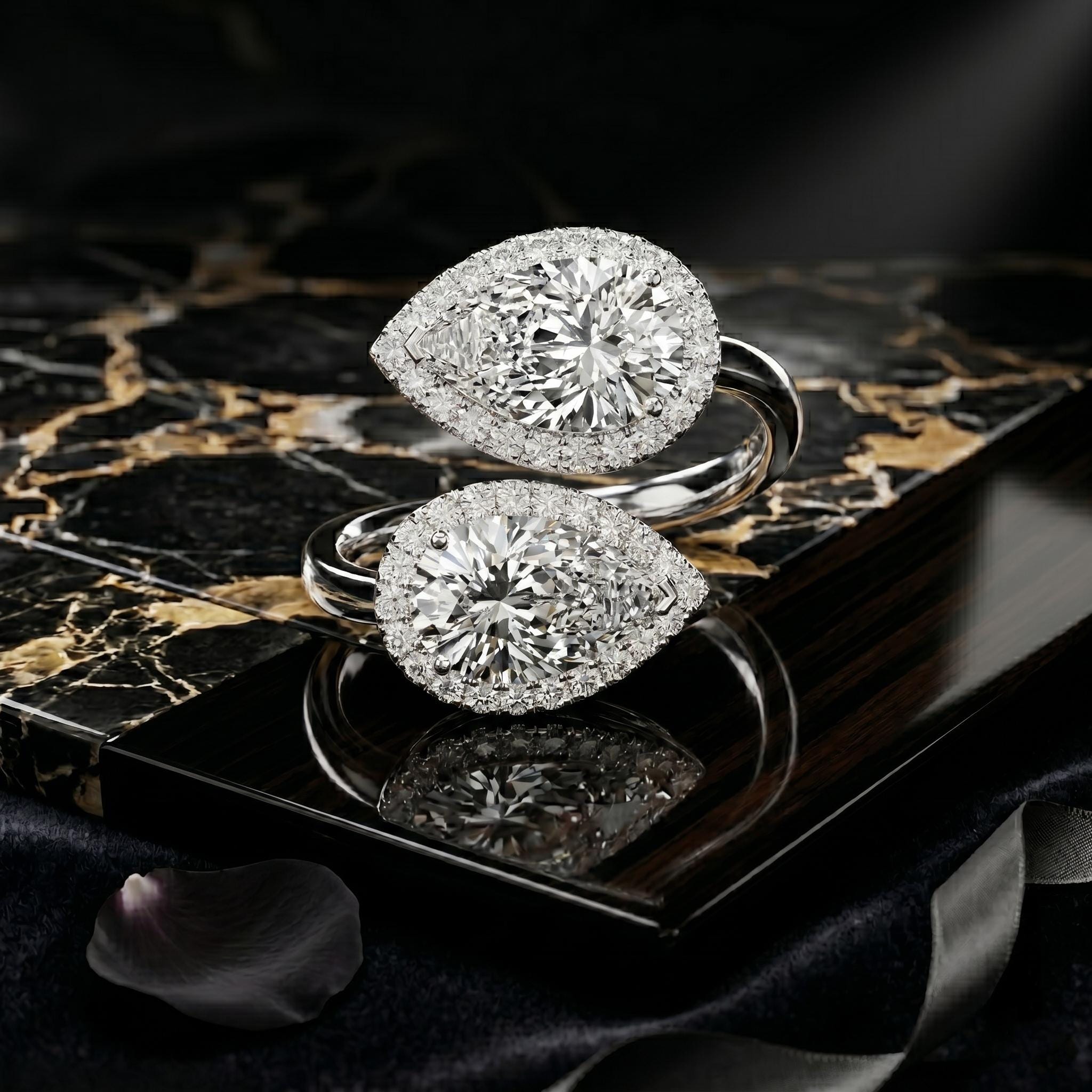 Double Pear Cut Moissanite Toi et Moi Ring, 925 Sterling Silver Halo Promise Ring