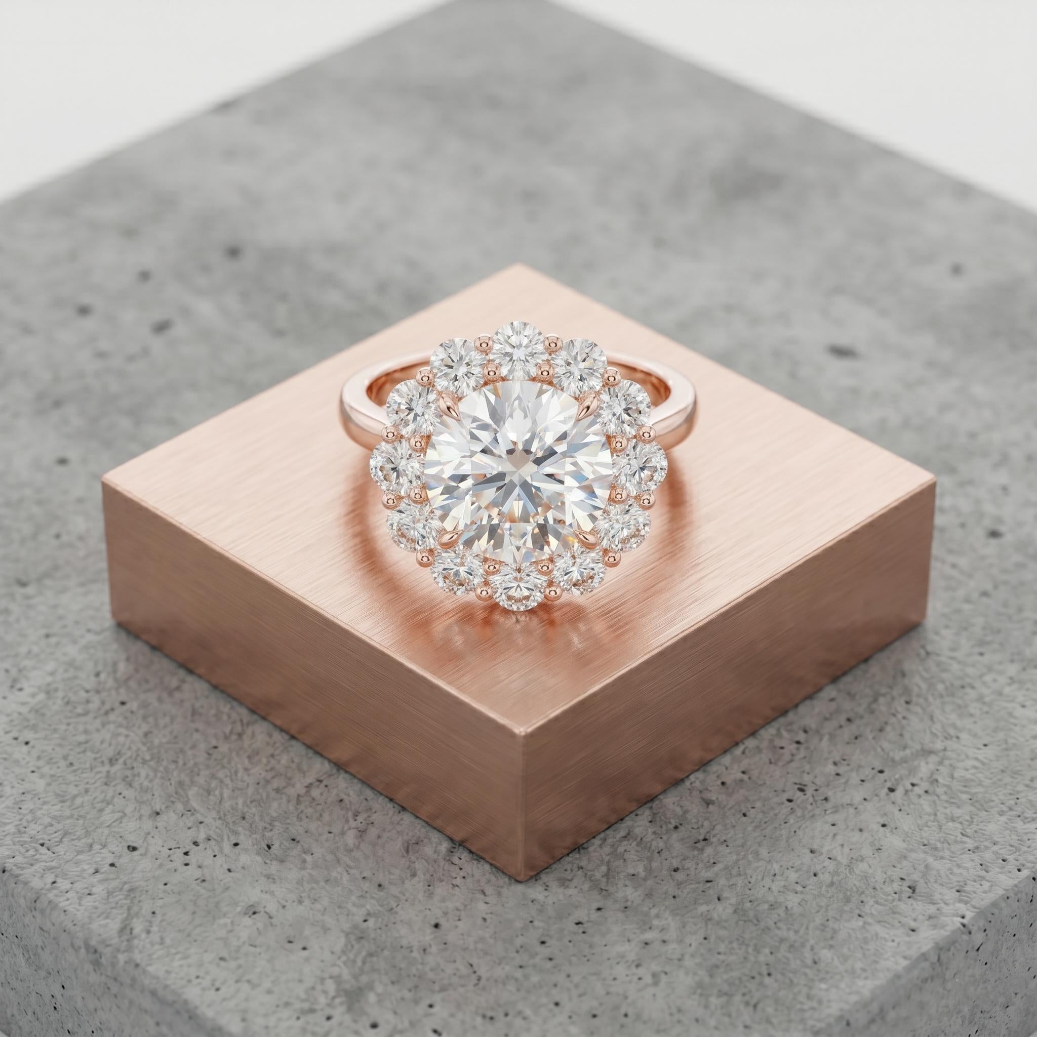 Flower Cluster Halo Moissanite Ring, Sterling Silver, Rose Gold Bridal Statement Ring
