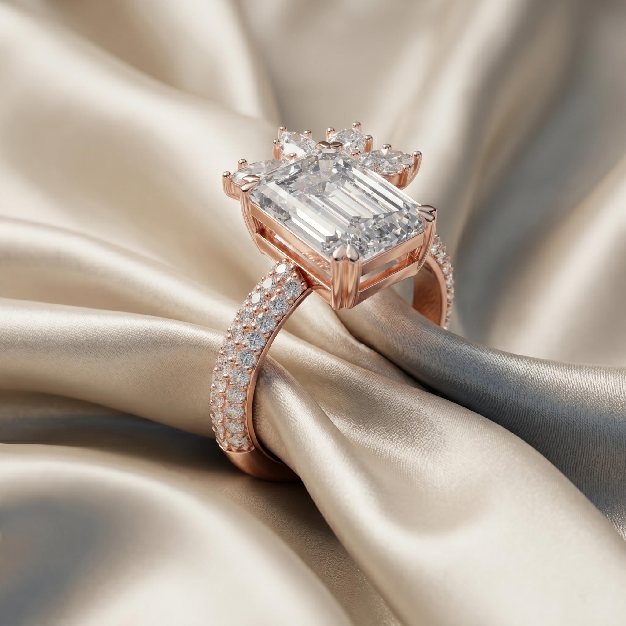 Emerald Cut Moissanite Ring, Sterling Silver Floral Cluster Band, Wedding Ring Gifts