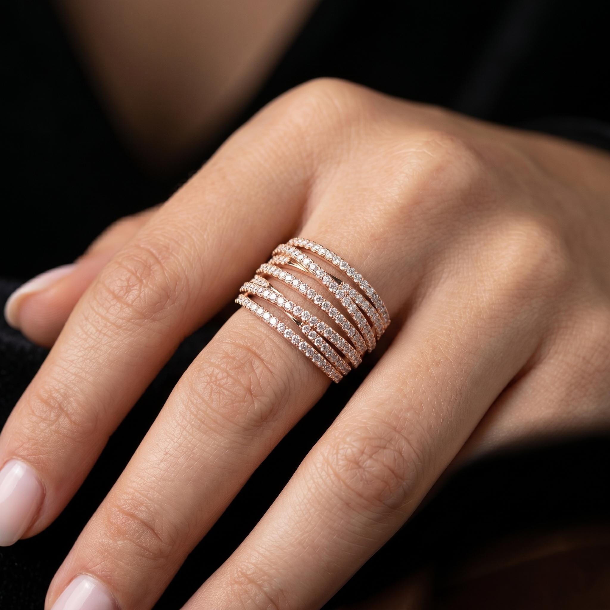 Moissanite Crossover Ring, Sterling Silver Rose Gold Multi Band Statement Ring