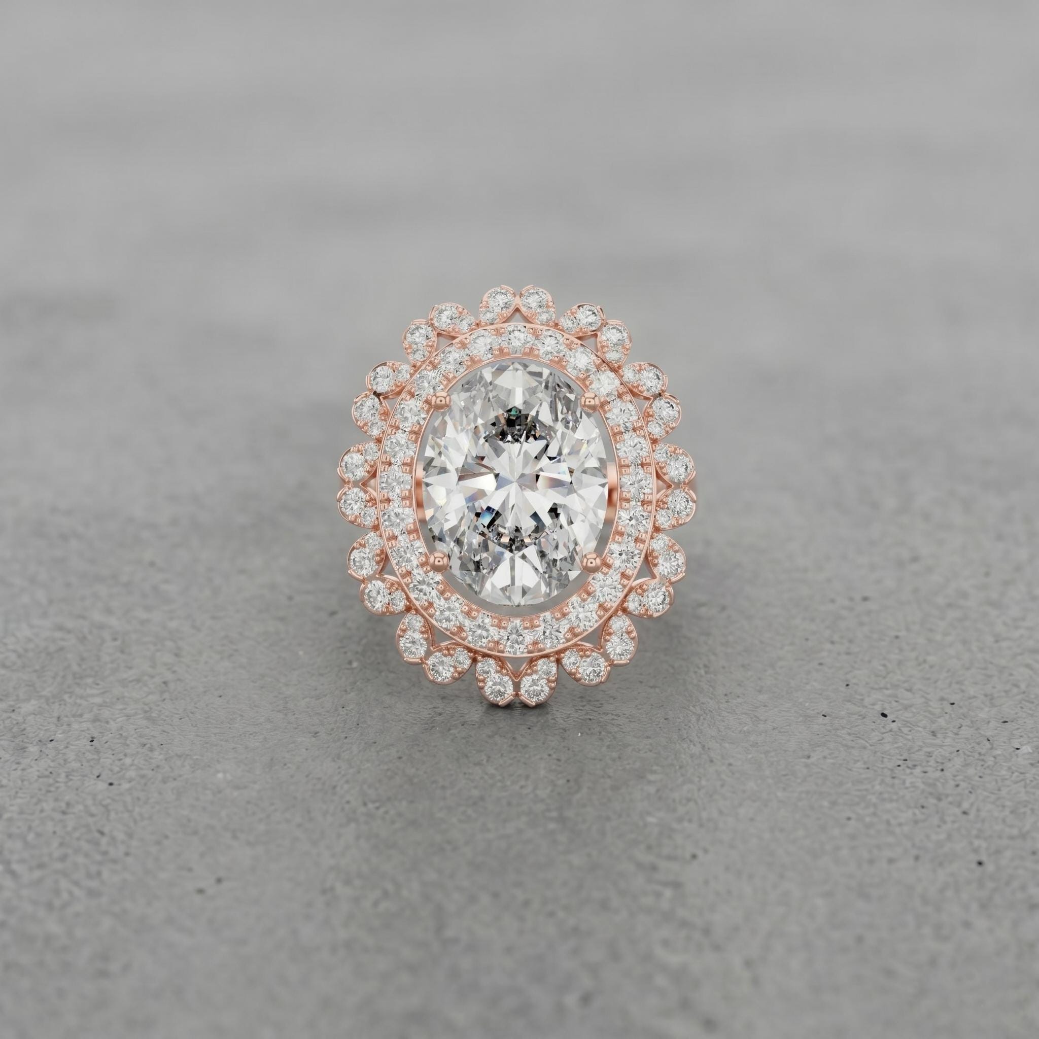 Oval Moissanite Engagement Ring, Sterling Silver Floral Halo Wedding Ring for Her