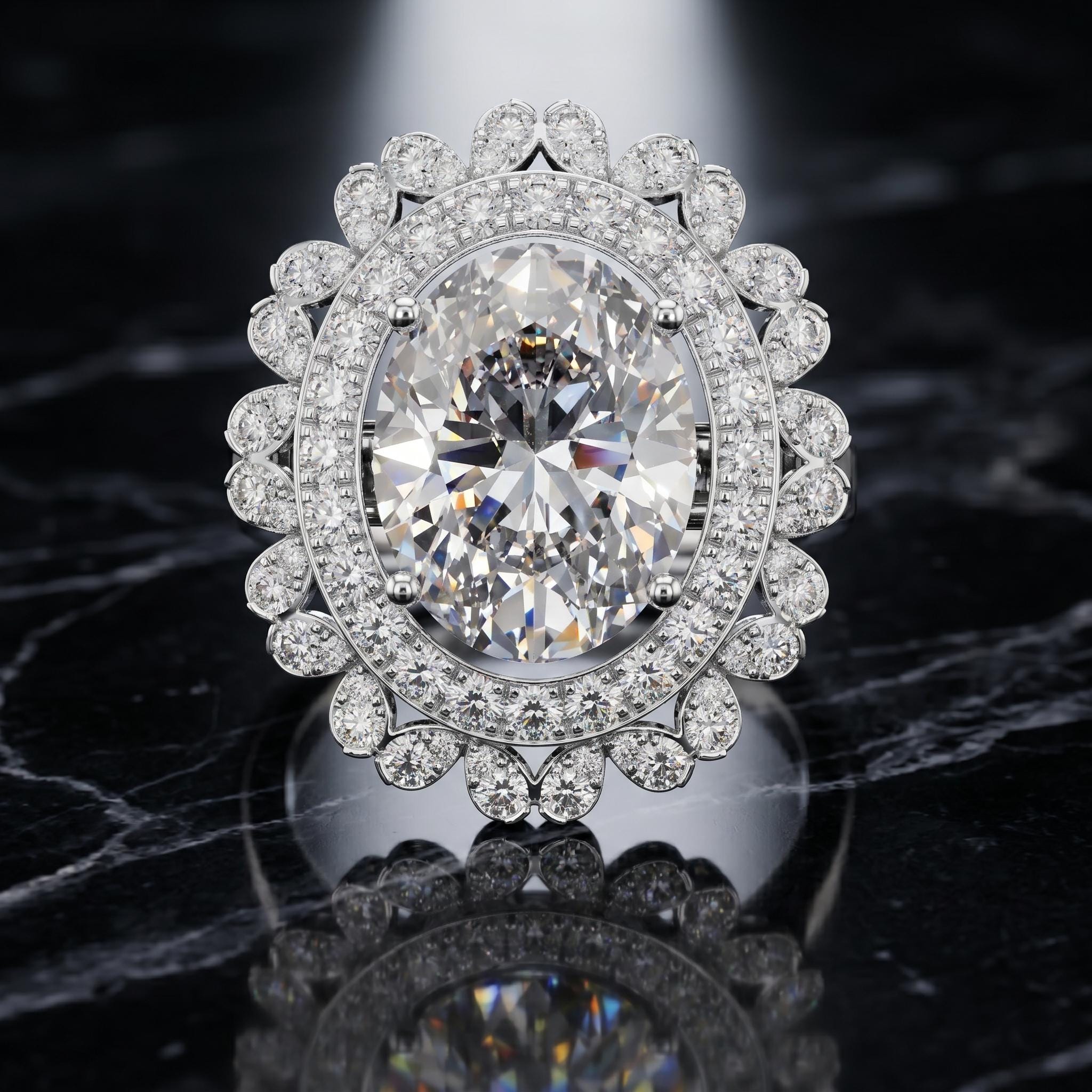 Oval Moissanite Engagement Ring, Sterling Silver Floral Halo Wedding Ring for Her