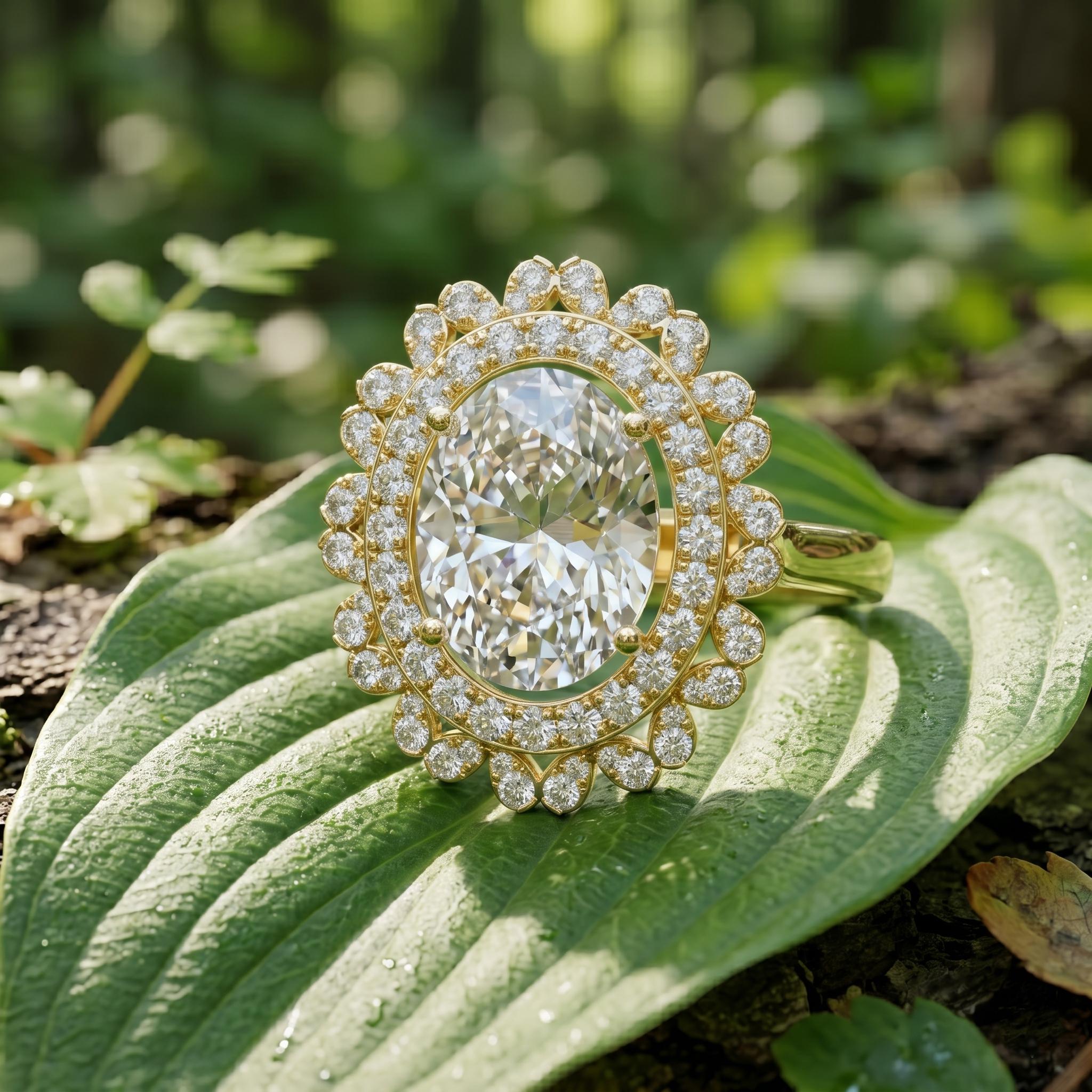 Oval Moissanite Engagement Ring, Sterling Silver Floral Halo Wedding Ring for Her