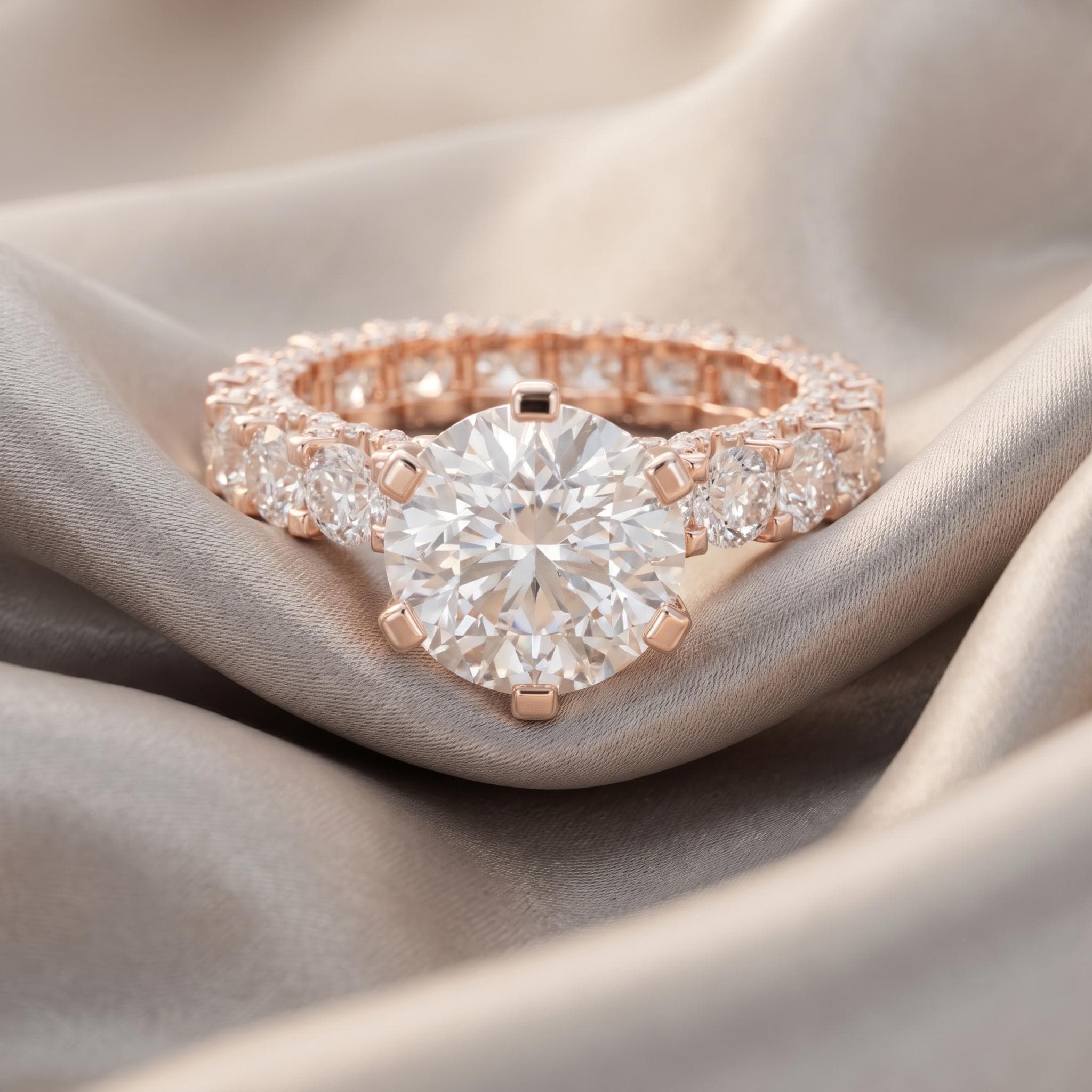 Round Moissanite Ring, 925 Sterling Silver, Rose Gold Eternity Band, Bridal Cluster Ring