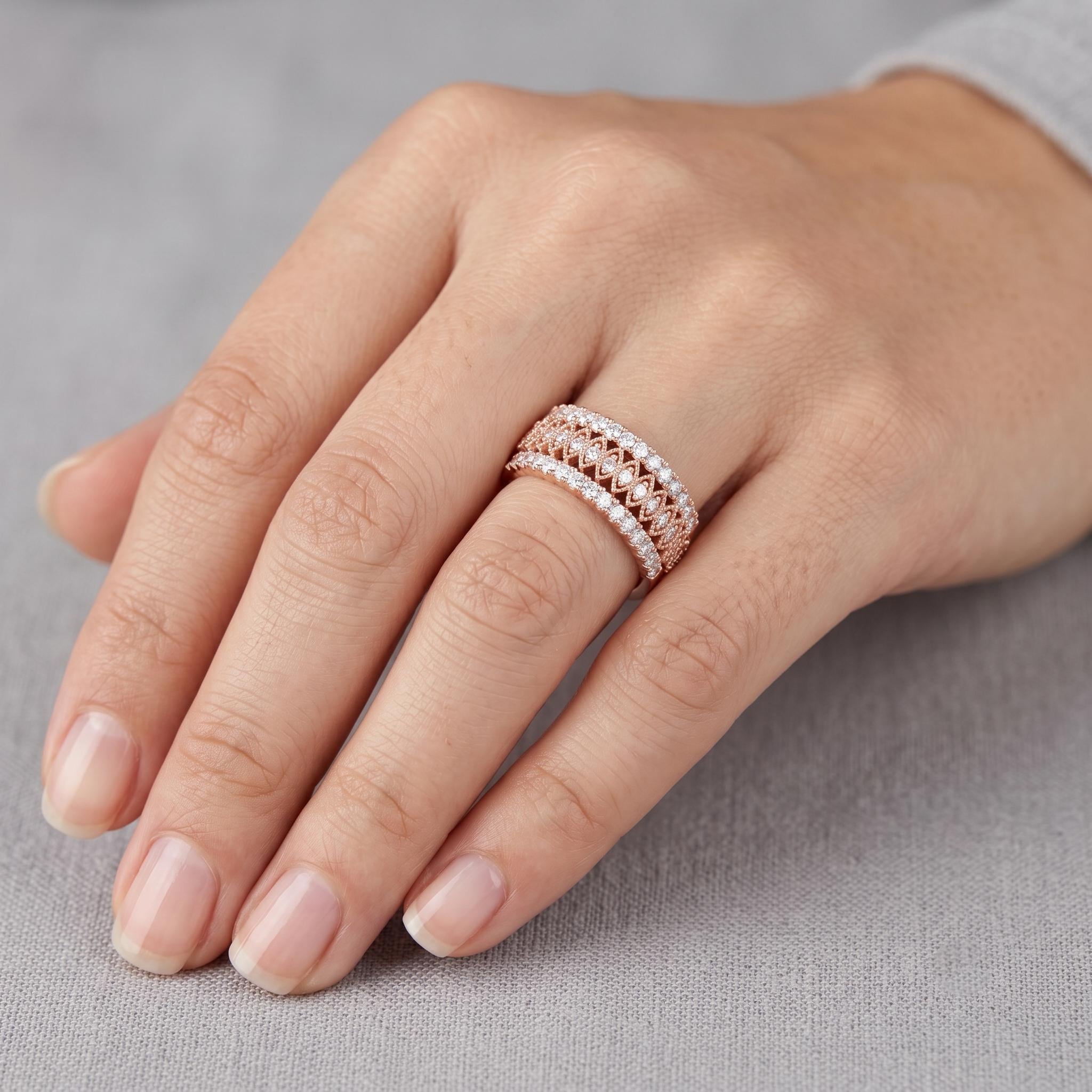 Rose Gold Moissanite Eternity Ring, Vintage Milgrain Cluster Band, Sterling Silver Stacking Statement