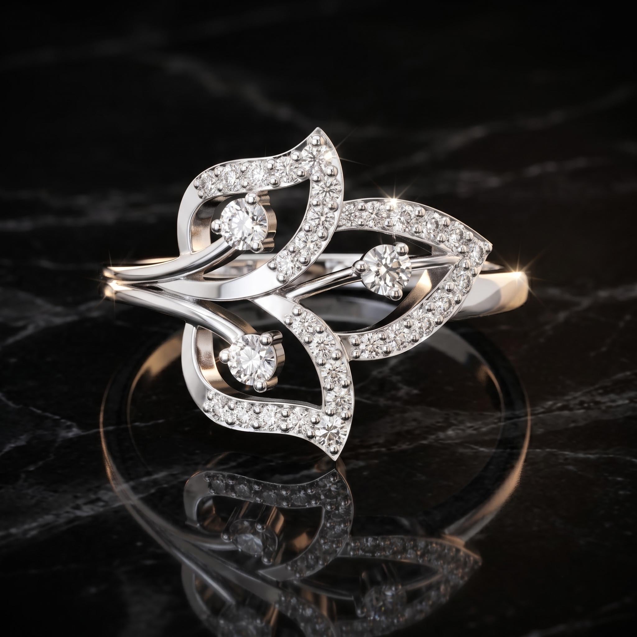Moissanite Leaf Ring, Sterling Silver Rose Gold Plated, Nature Inspired Bridal Cocktail Ring
