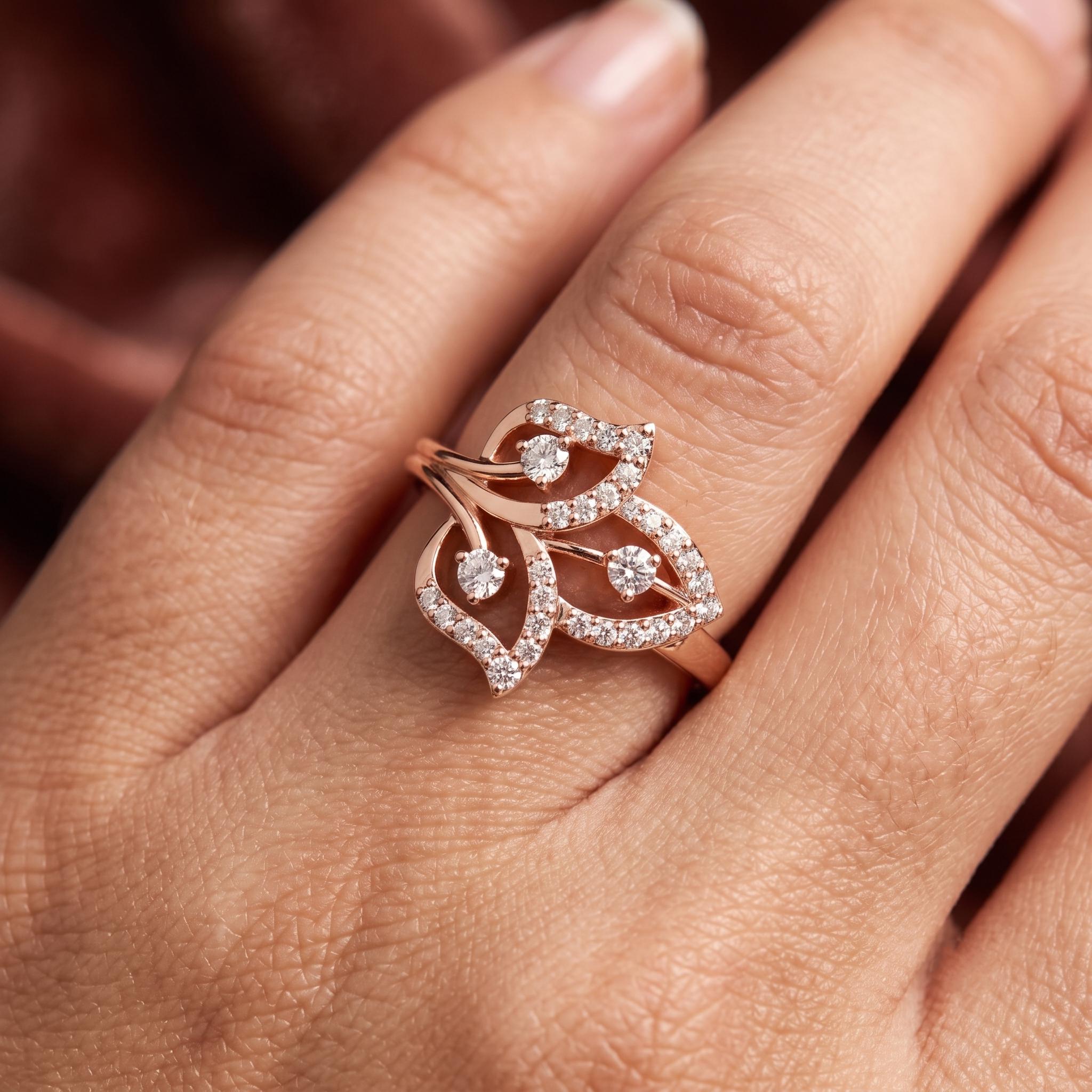 Moissanite Leaf Ring, Sterling Silver Rose Gold Plated, Nature Inspired Bridal Cocktail Ring