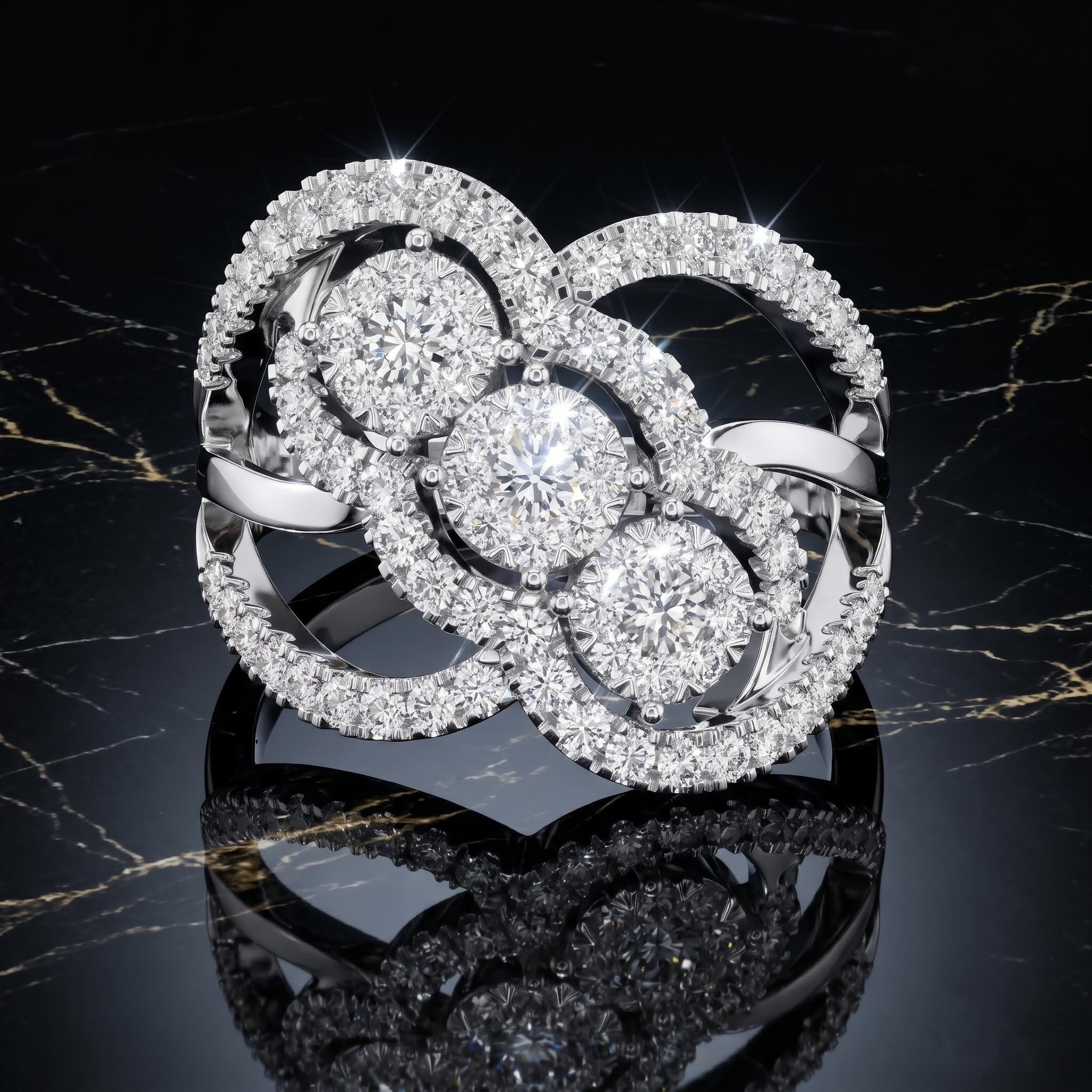 Infinity Moissanite Statement Ring, Sterling Silver Swirl Cluster Halo Cocktail Ring
