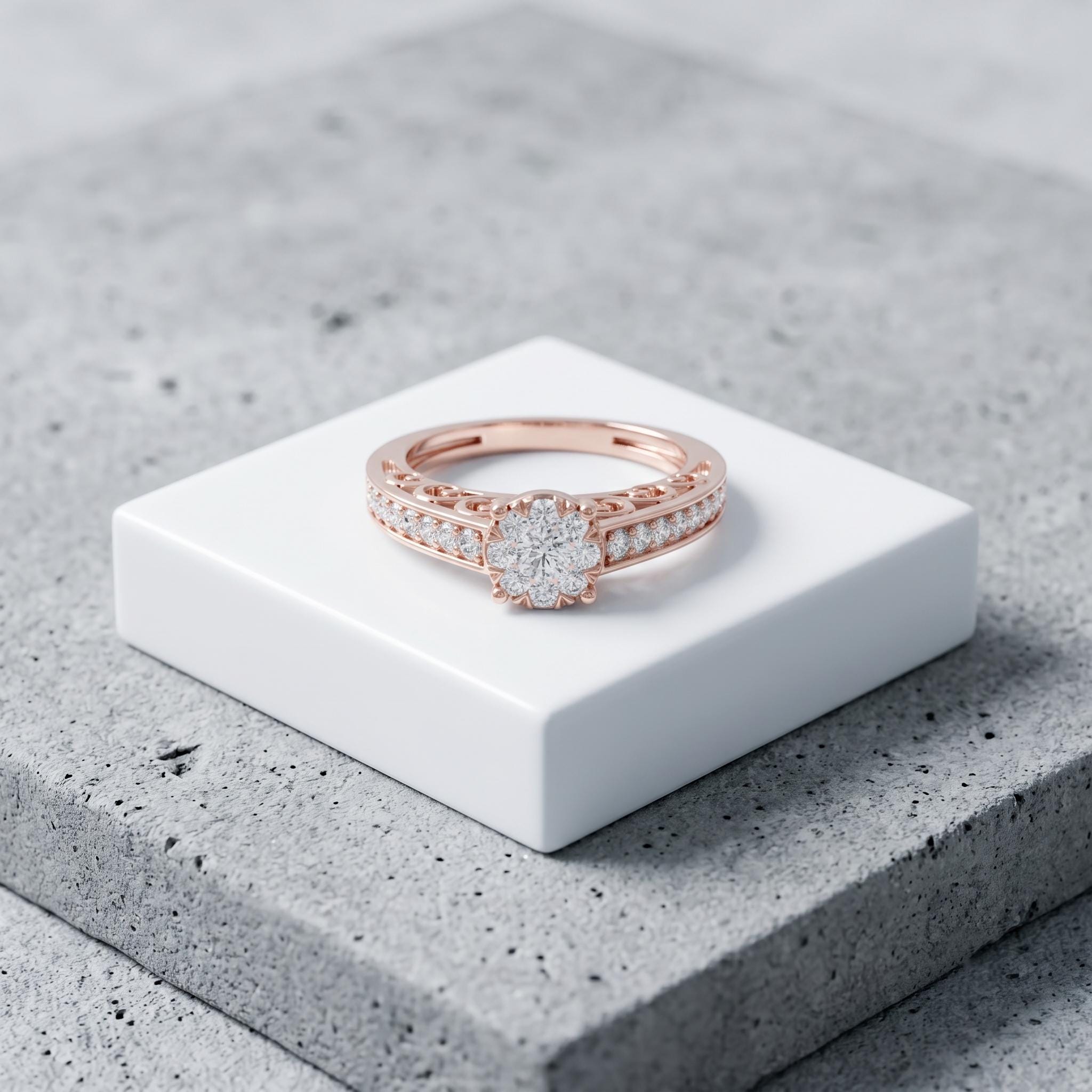 Flower Moissanite Engagement Ring, Sterling Silver Vintage Filigree Band, Romantic Diamond Cluster