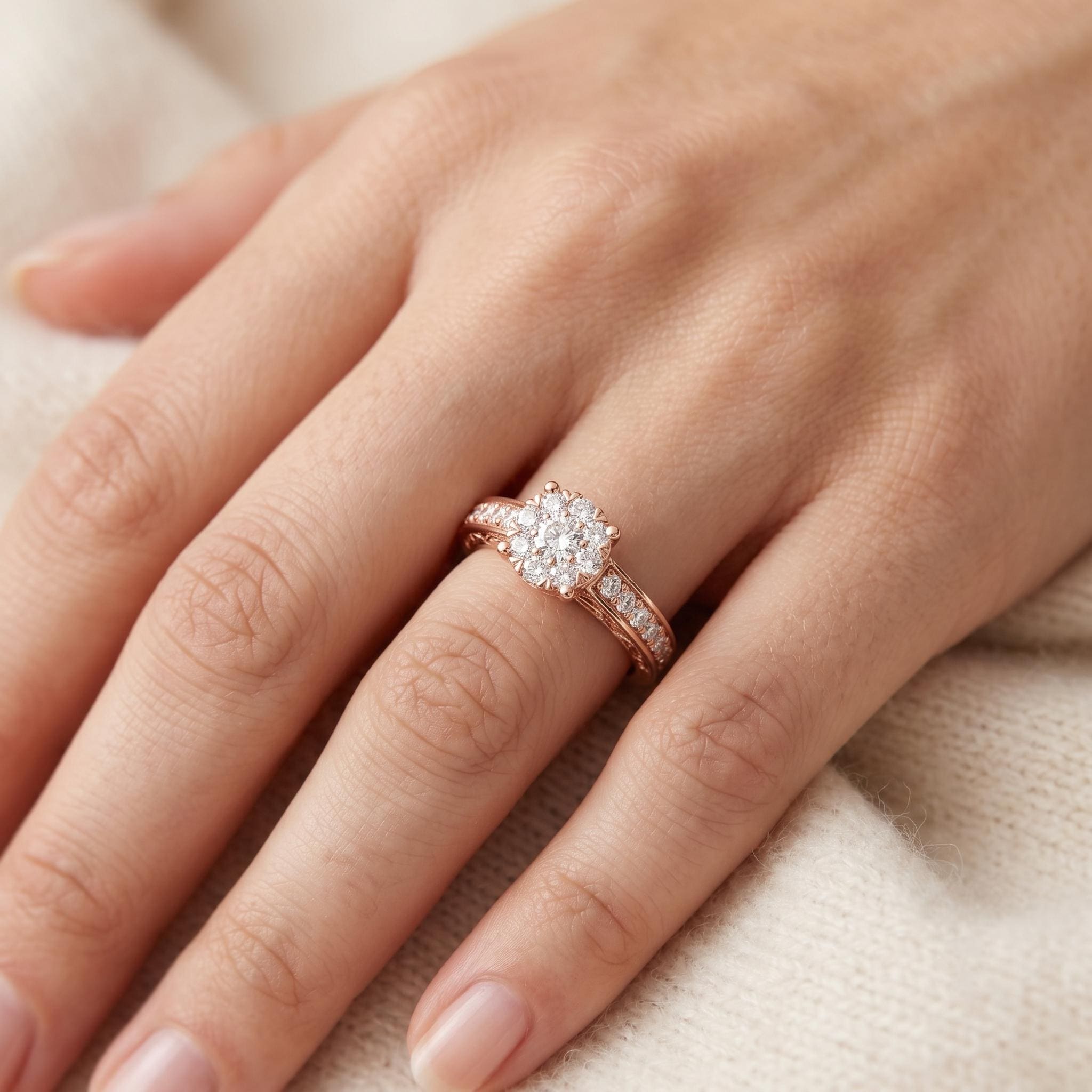 Flower Moissanite Engagement Ring, Sterling Silver Vintage Filigree Band, Romantic Diamond Cluster