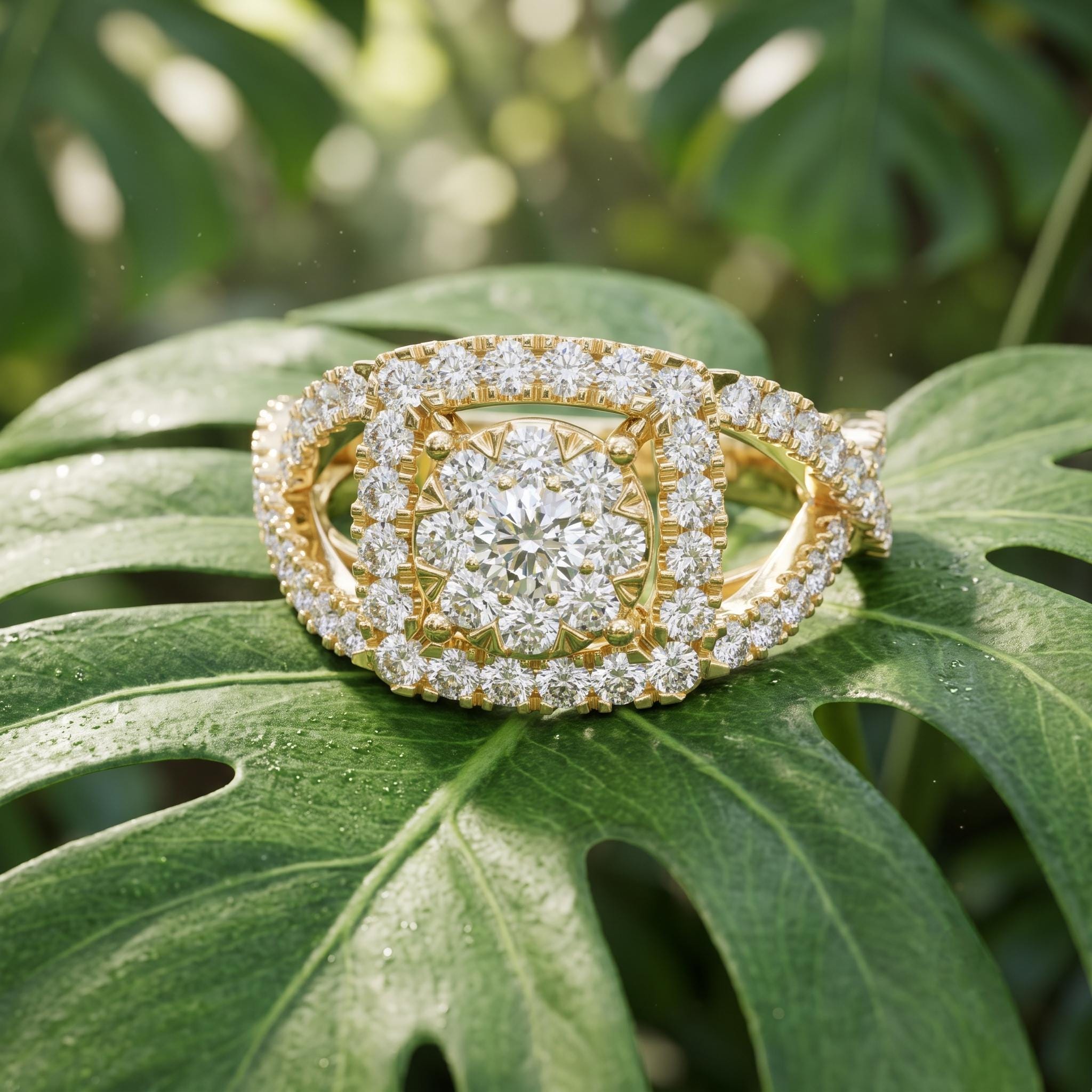 Moissanite Crossover Engagement Ring, Round Halo, 925 Sterling Silver, Twisted Statement Ring