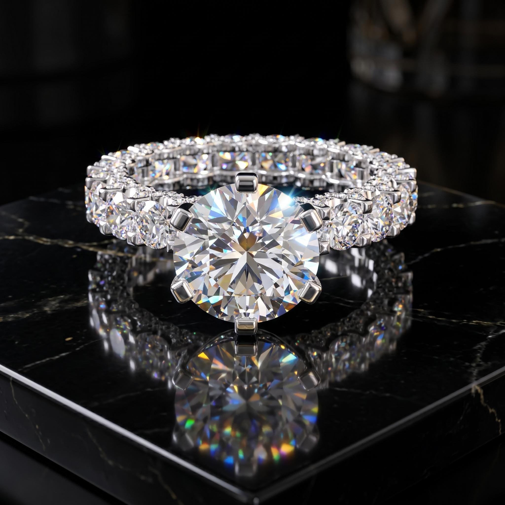 Round Moissanite Ring, 925 Sterling Silver, Rose Gold Eternity Band, Bridal Cluster Ring
