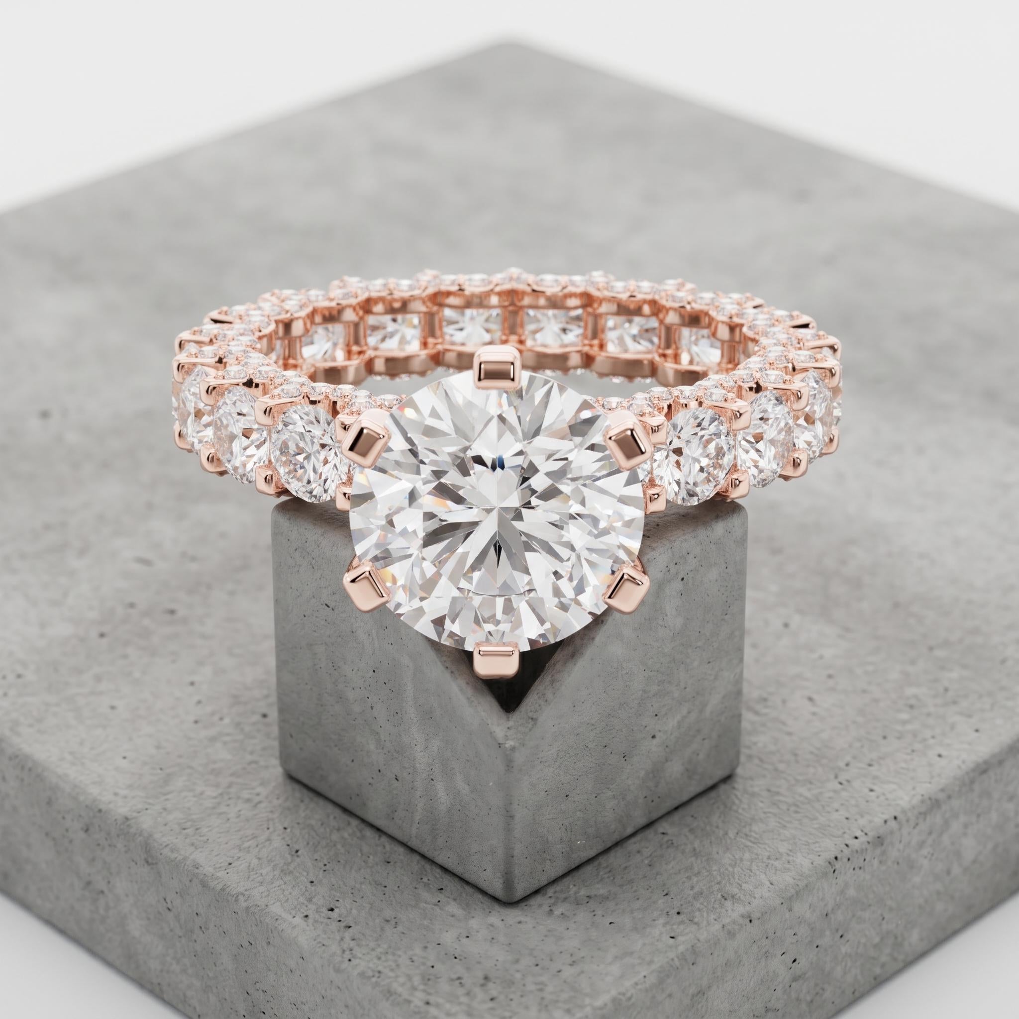 Round Moissanite Ring, 925 Sterling Silver, Rose Gold Eternity Band, Bridal Cluster Ring